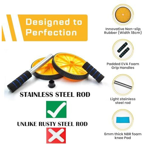 PRO365 Abs Roller, Ab Wheel Anti Rust Stainless Steel Rod, Ab Wheel, Home Gym Equipment Abs Workouts 100 Kgs, Core Workouts for Men and Women (6MM Safe Knee Mat, Yellow)