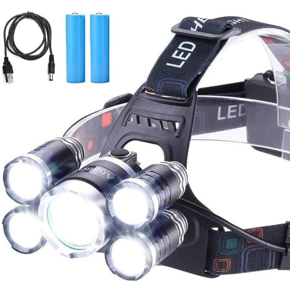 LED Headlamp,USB Rechargeable Head Torch Headlight Weatherproof LED Flash Light with Battery for Farmers, Fishing, Camping, Hiking, Cycling, Running (5 LED Headlamp)