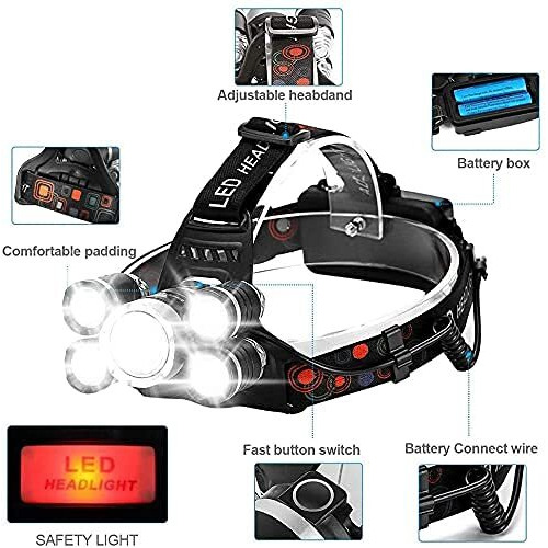 LED Headlamp,USB Rechargeable Head Torch Headlight Weatherproof LED Flash Light with Battery for Farmers, Fishing, Camping, Hiking, Cycling, Running (5 LED Headlamp)