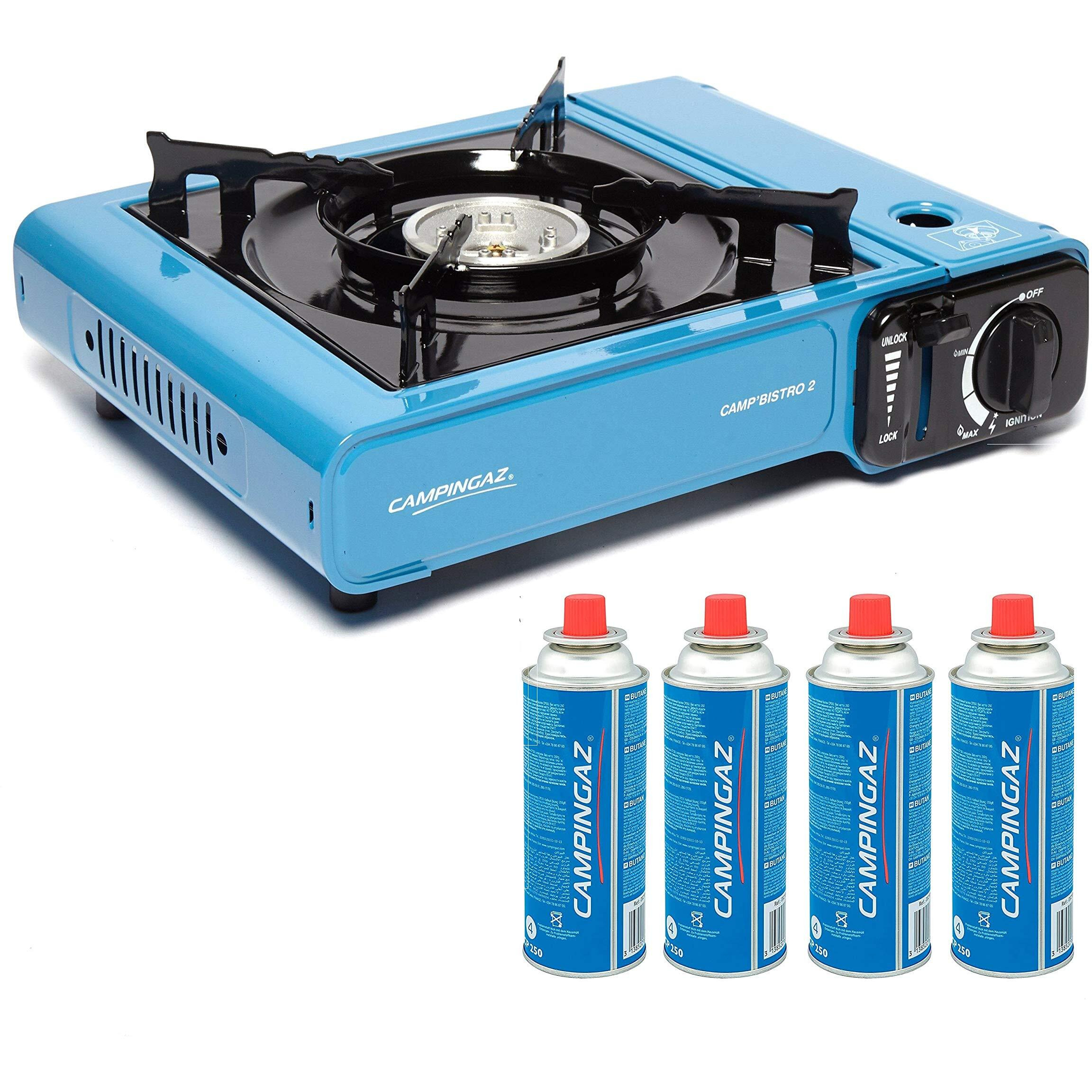 CAMPINGAZ Alloy Steel Camp Bistro 2 Camping Stove with Cp250 Portable Gas Cartridge - Pack of 4 (Blue, 33 X 28 X 9 Cm)