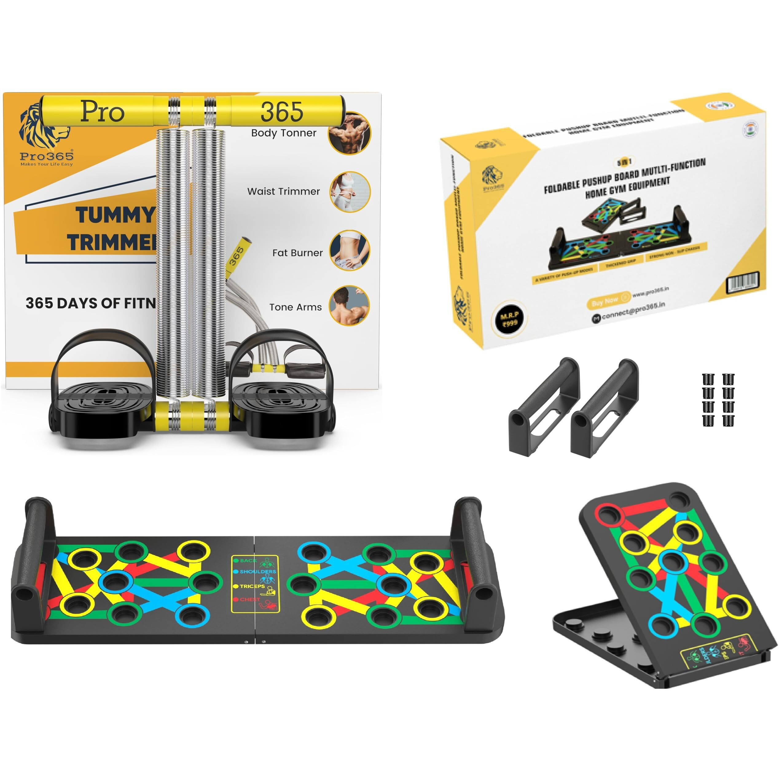 PRO365 Tummy Trimmer Exerciser With Pushup Board Combo/Flat Pedal For Extra Support/Sit Up Equipment/Sport Fitness/Leg Exerciser/Home Gym Equipment (6 Month Warranty, Double Spring), Multi-Coloured