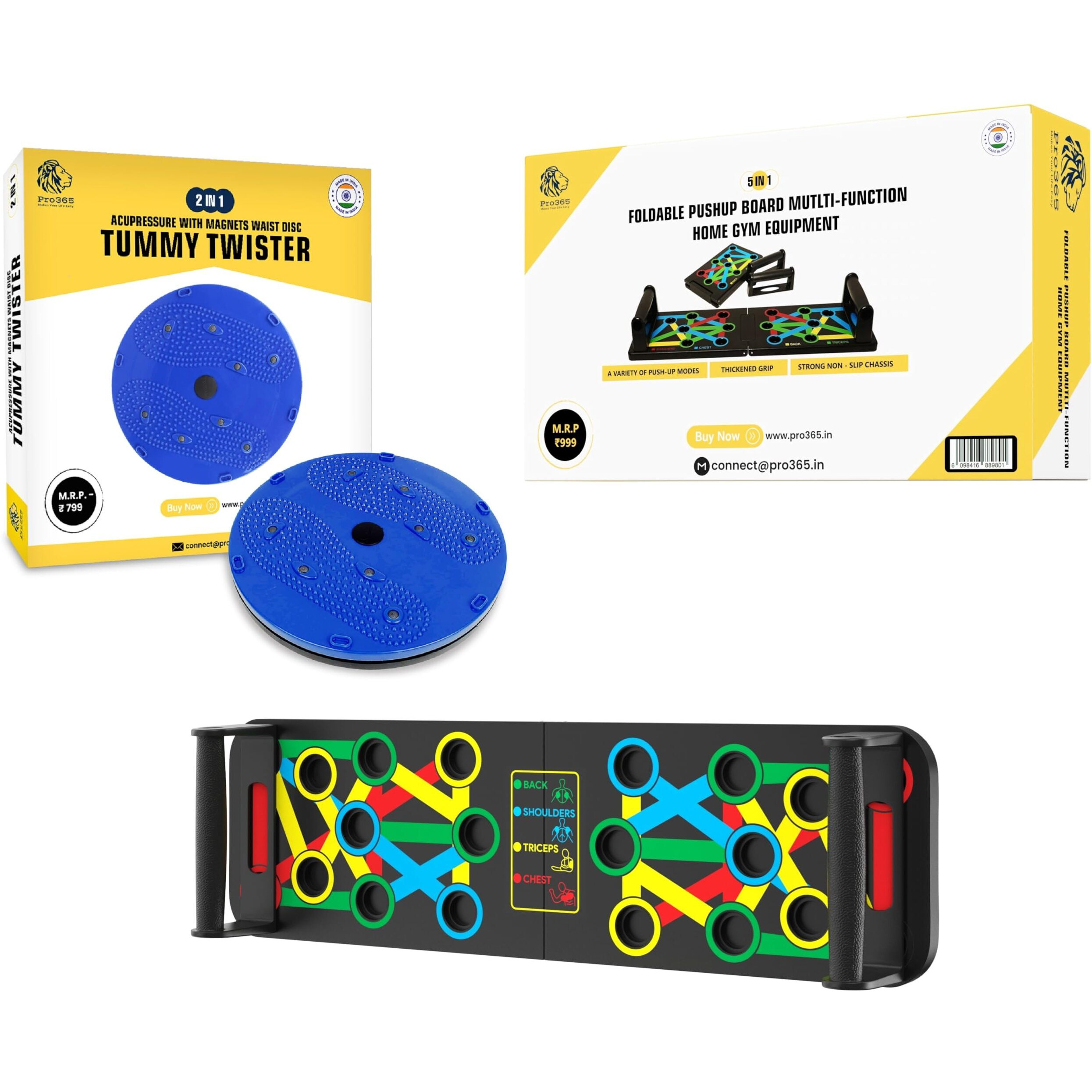 PRO365 Waist Disc Acupressure With Magnets Reflexology Slimming Abdominal 2 in 1 tummy twister Yellow With Pushup Board Combo Ab Exerciser