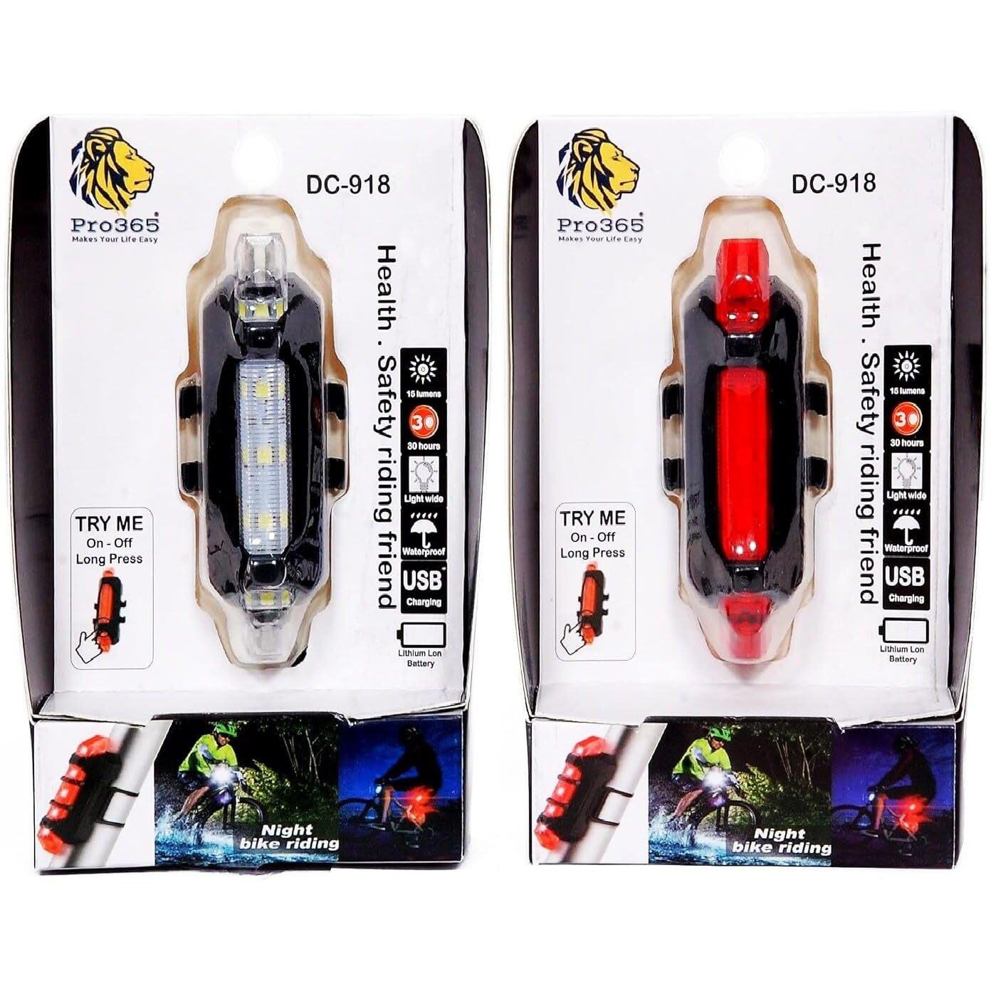 PRO365 DC918 Bicycle Lights Combo Pack/Rechargeable/Multiple Light Modes/Waterproof Head and Tail Light (6 Months Manufacturer Warranty)
