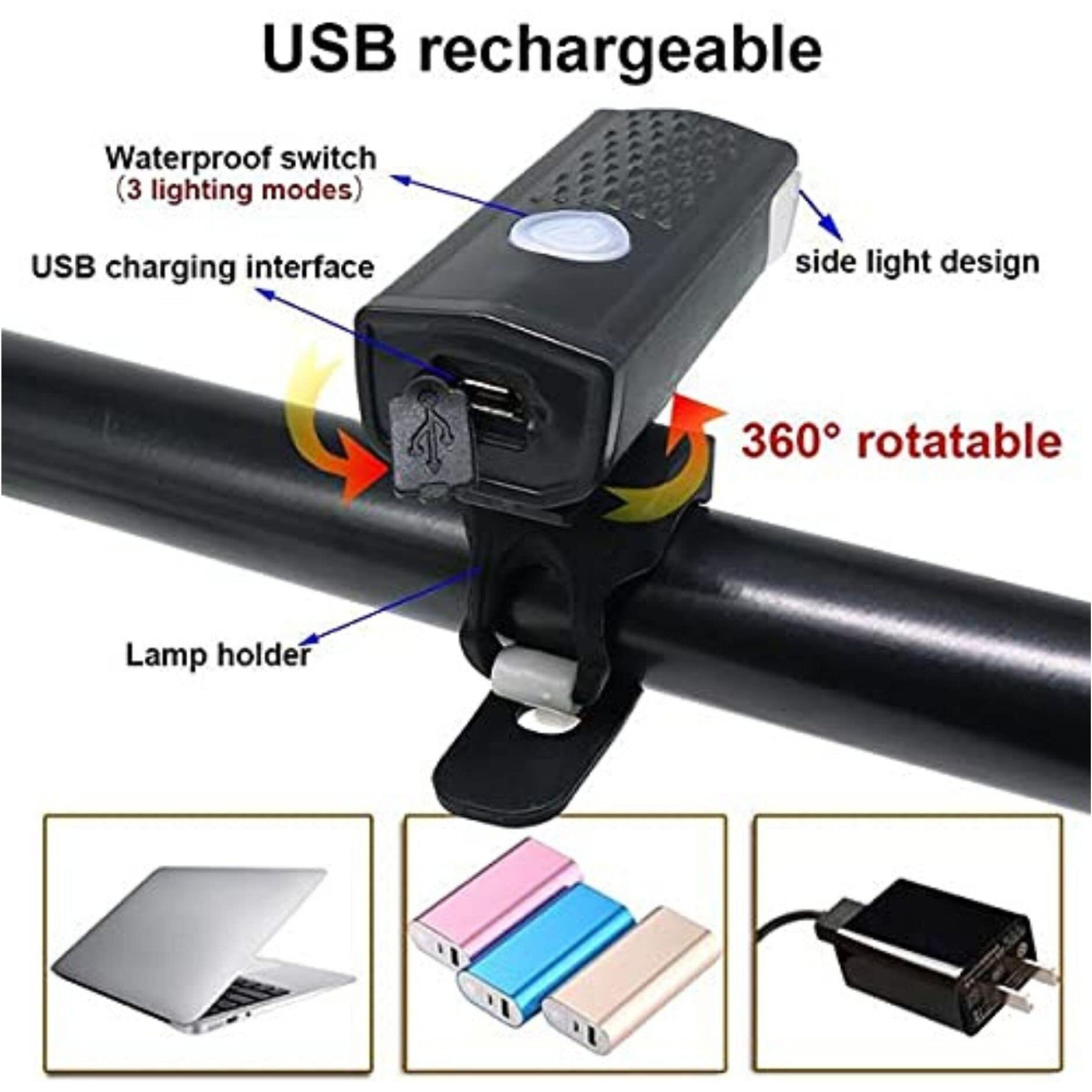 FABSPORTS Aluminum USB Rechargeable LED Bike/Bicycle Light Set, High Bright Front Light and Back Light, 3 Light Modes, Portable, Waterproof Headlamp (Black)