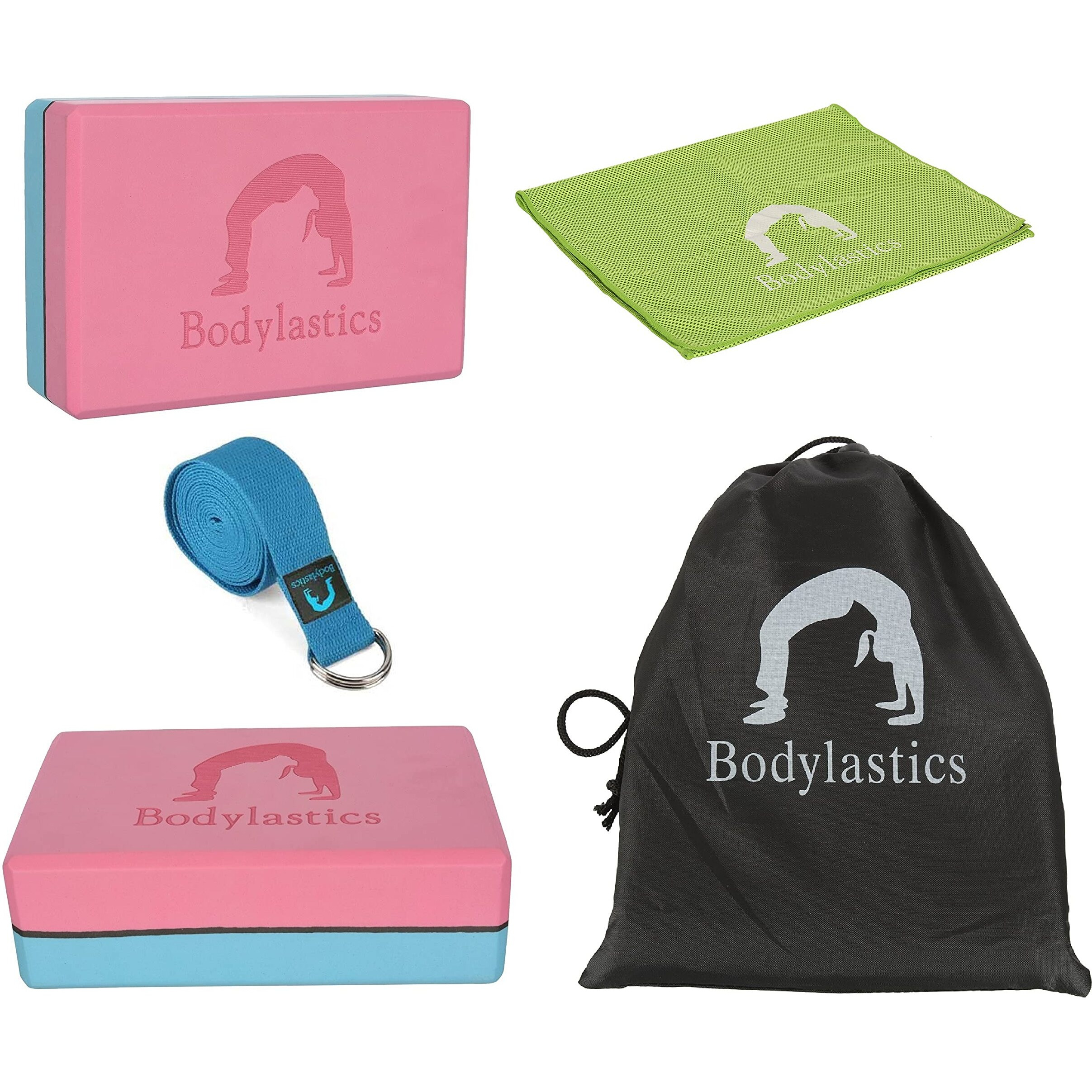 Bodylastics Yoga Blocks Set of 2, Yoga Strap, Cooling Towel with Storage Bag High Density EVA Foam Non-Slip Workout Bricks to Improve Poses Balance Flexibility Support Strength Training Exercise