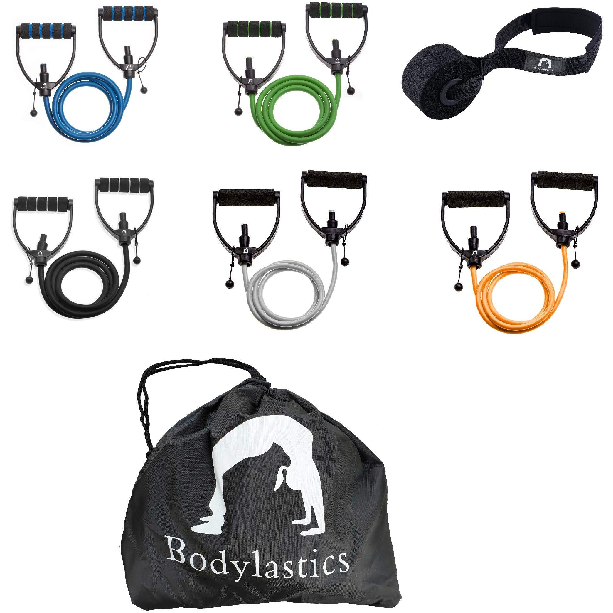 Bodylastics 5 Resistance Tubes with Adjustable Length, Non-Slip Handles, High Density Door Anchor for Strength Training (All 5 Bands Set)(Material Natural Rubber  Silicone)