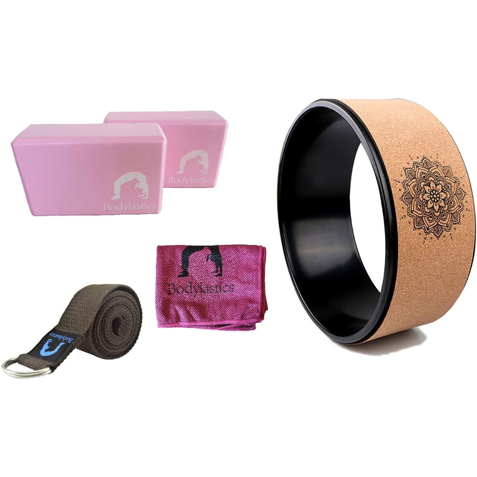 Bodylastics Cork Yoga Wheel with 2 High Density EVA Polyester Cotton Foam Blocks, Stretching Strap with D-Ring & Cooling Towel for Women and Men (Black/brown, 6ft, 13 Inches)