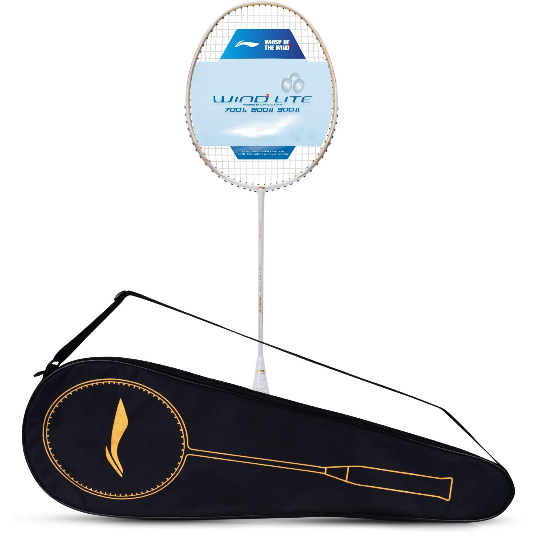 Li-Ning Wind Lite 700 II Carbon Graphite Badminton Strung Racket with Full Racket Cover (White/Gold)