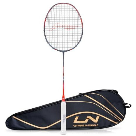 Li-Ning Wind Lite 800 II Carbon Graphite Badminton Strung Racket with Full Racket Cover (Dark Grey/Red)