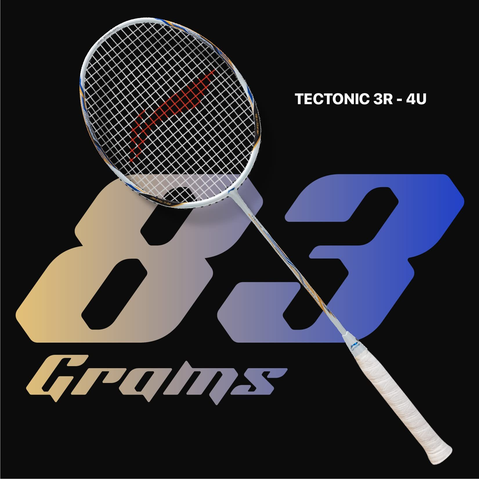 Li-Ning Tectonic 3R Strung Carbon Fibre Badminton Racket (White/Gold/Blue) with Free Full Cover