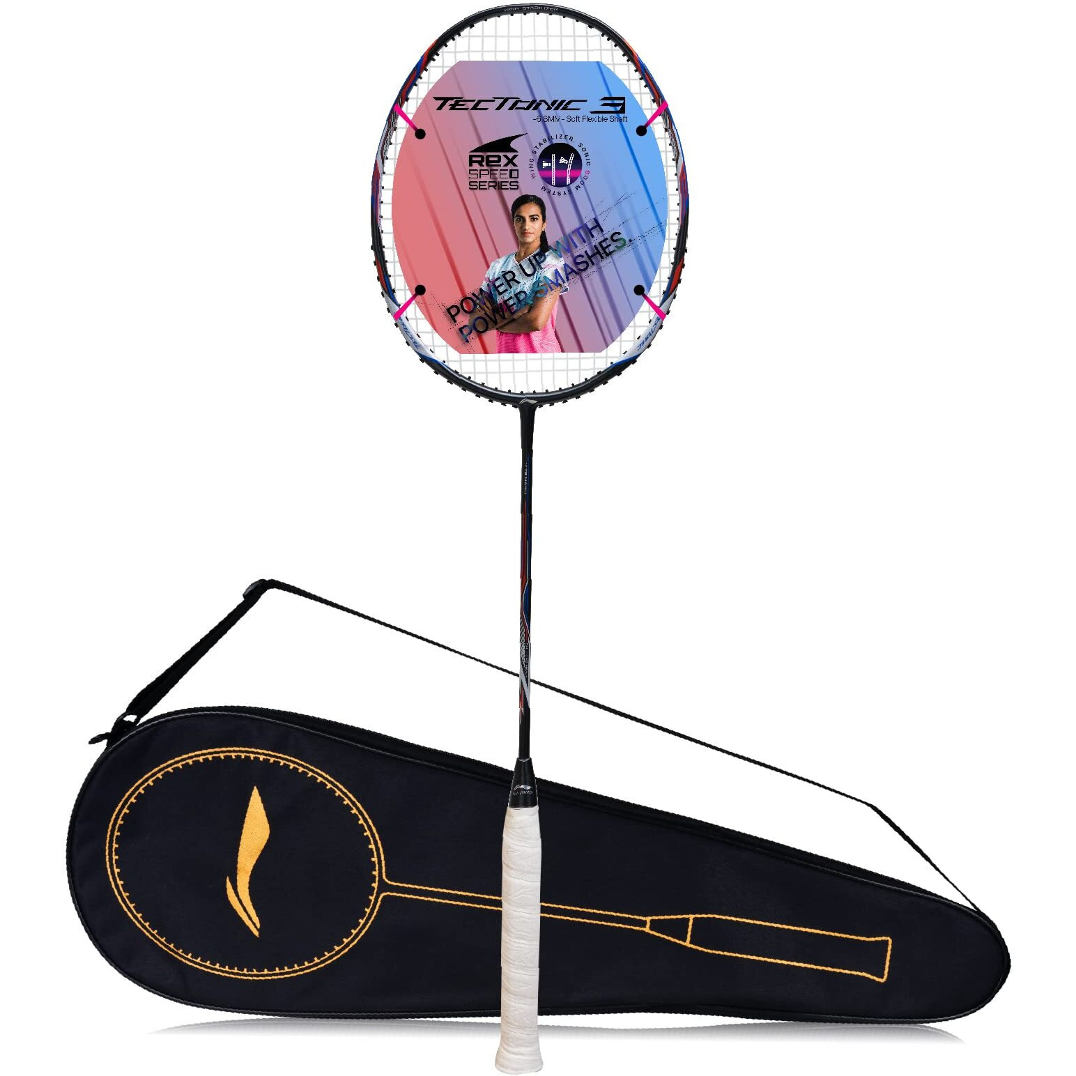 Li-Ning Tectonic 3R Strung Carbon Fibre Badminton Racket (Charcoal/Blue/Orange) with Free Full Cover