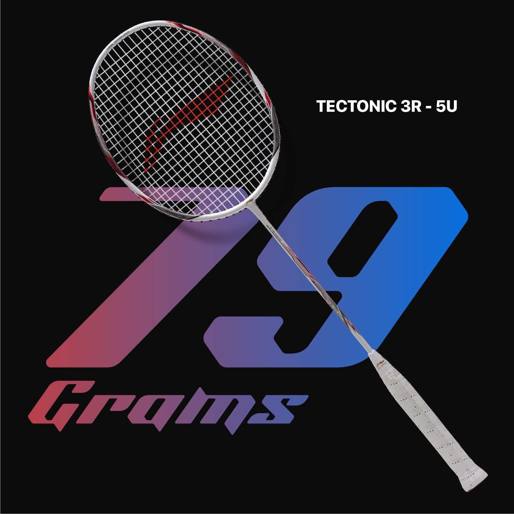 Li-Ning Tectonic 3R Strung Carbon Fibre Badminton Racket (White/Black/Red) with Free Full Cover