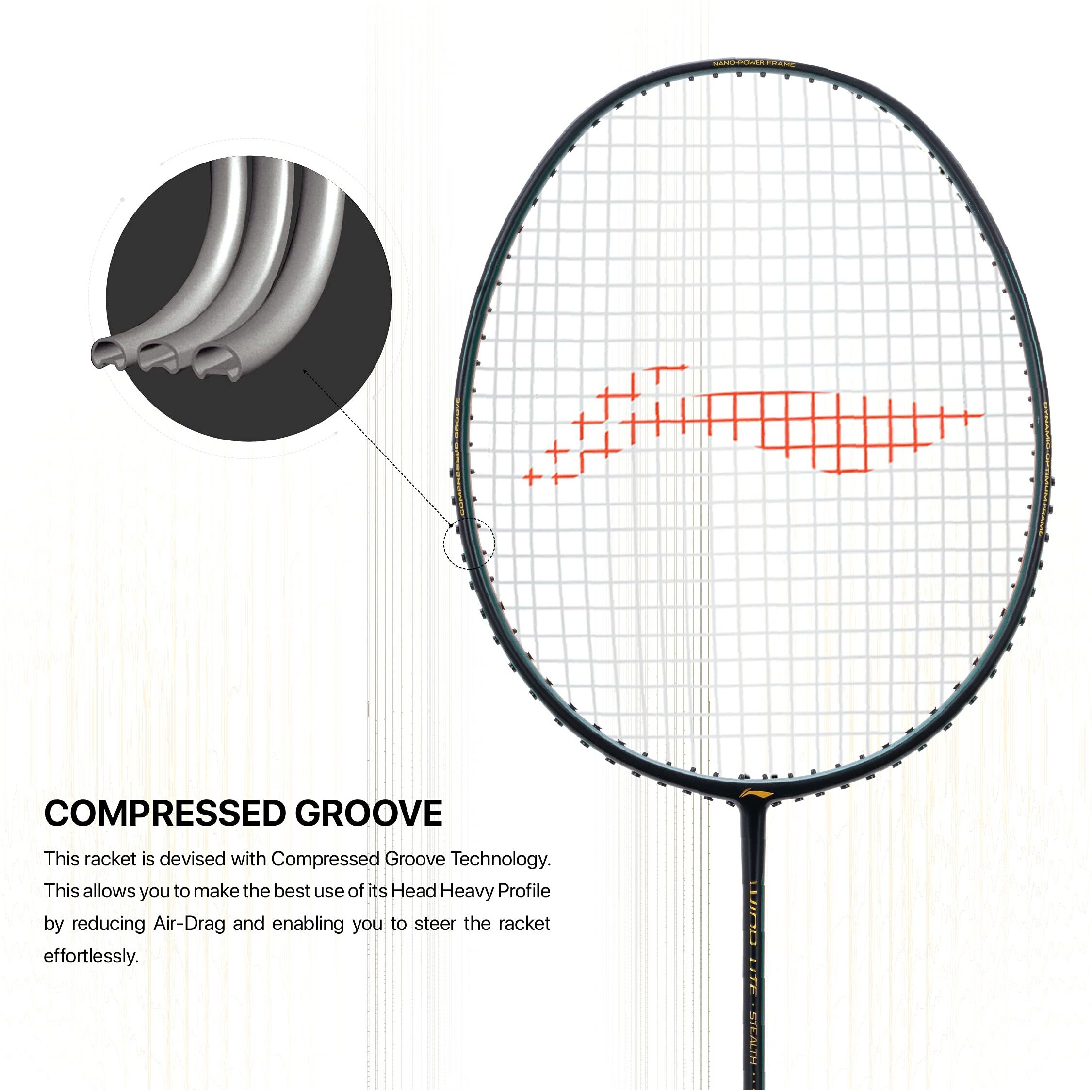 Li-Ning Wind Lite Stealth Carbon Fibre Strung(Black/Green/Gold) Racket With Free Full Cover