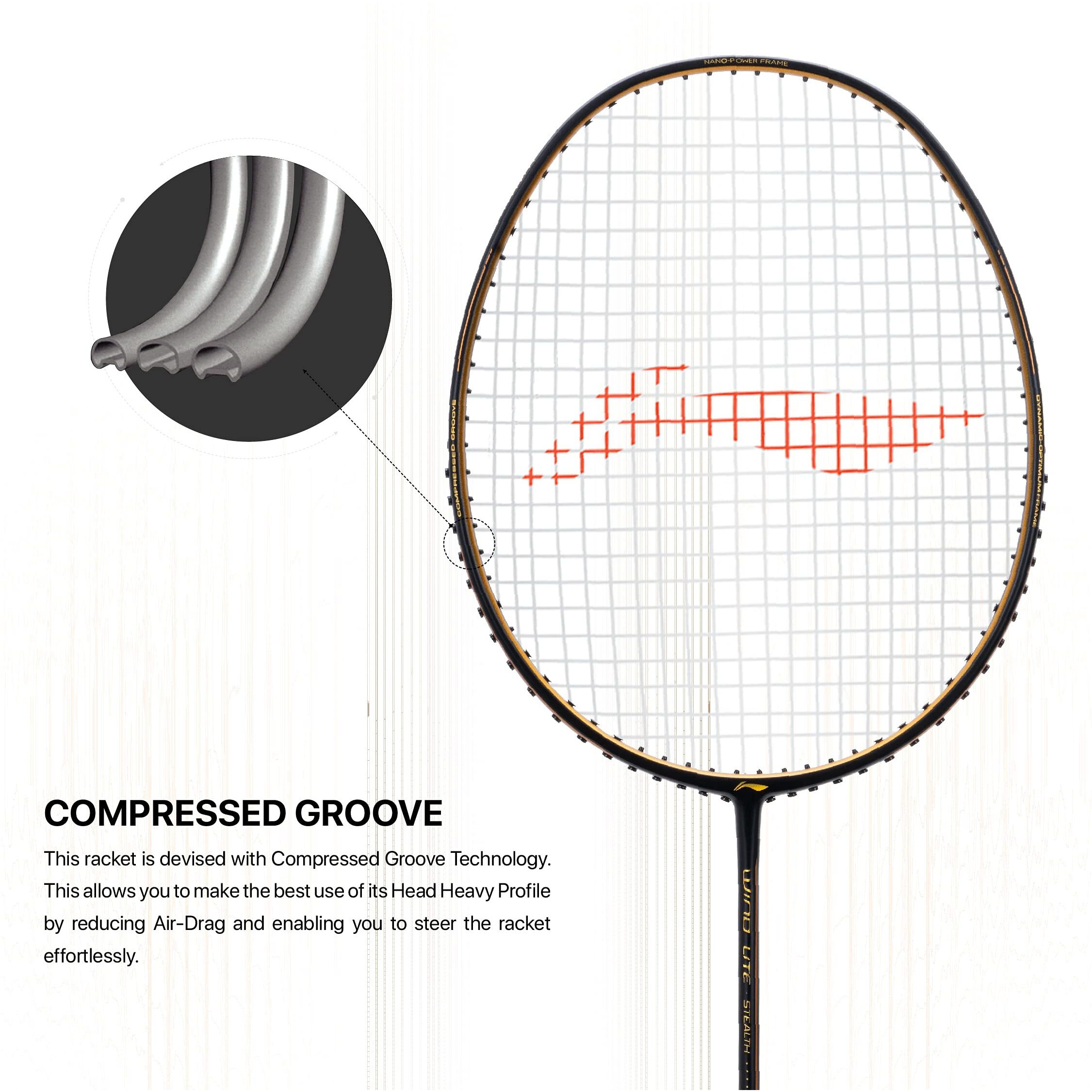 Li-Ning Wind Lite Stealth Carbon Fibre Unstrung(Black /Gold ) Racket With Free Full Cover