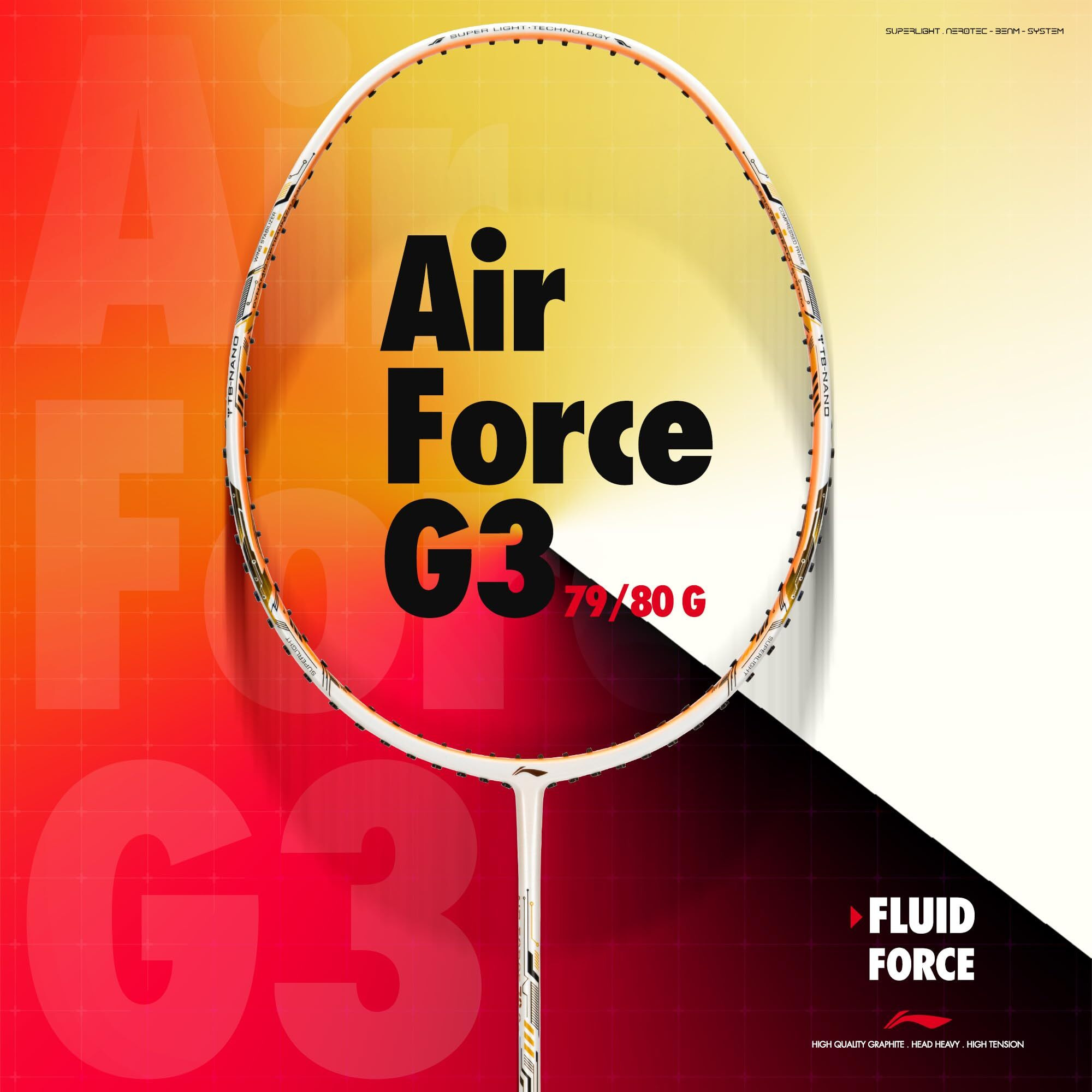 Li-ning Air-Force 78 G3 Carbon Fibre Unstrung Badminton Racket with Full Cover (78g, White/Light Orange/Black)