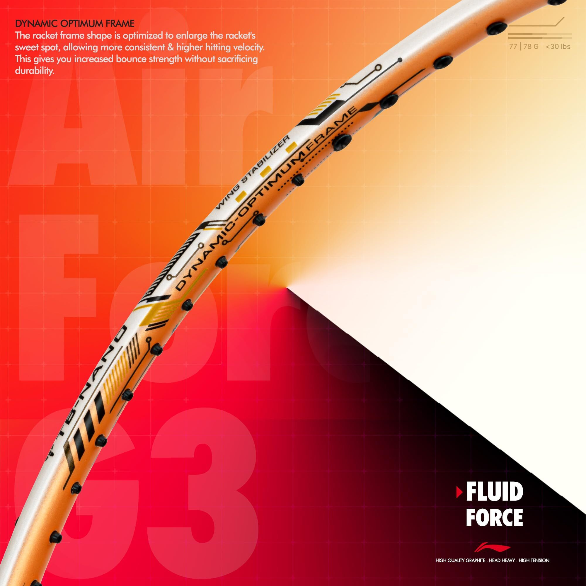 Li-ning Air-Force 78 G3 Carbon Fibre Unstrung Badminton Racket with Full Cover (78g, White/Light Orange/Black)