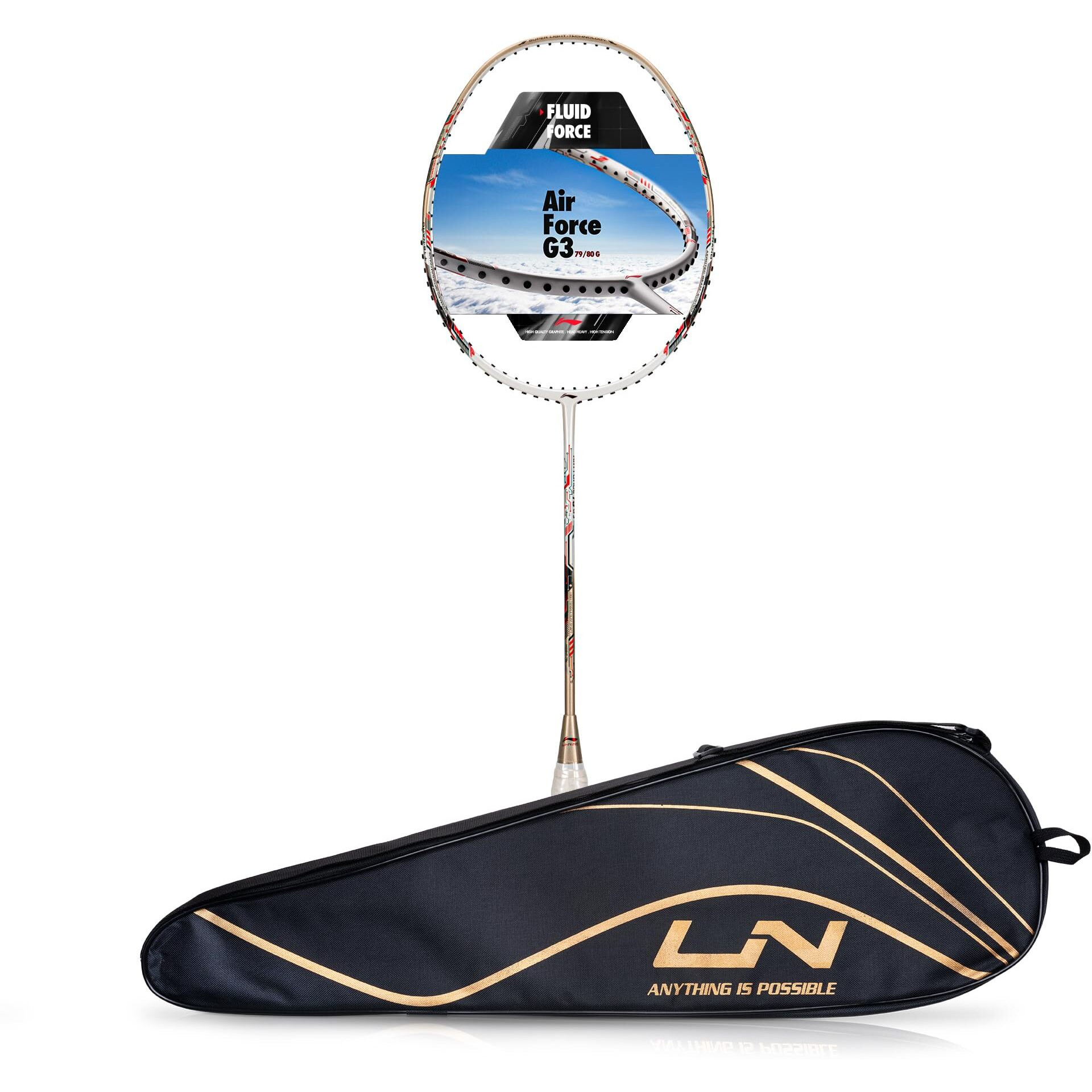 Li-ning Air-Force 79 G3 Carbon Fibre Unstrung Badminton Racket with Full Cover (79g, White/Gold/Red)