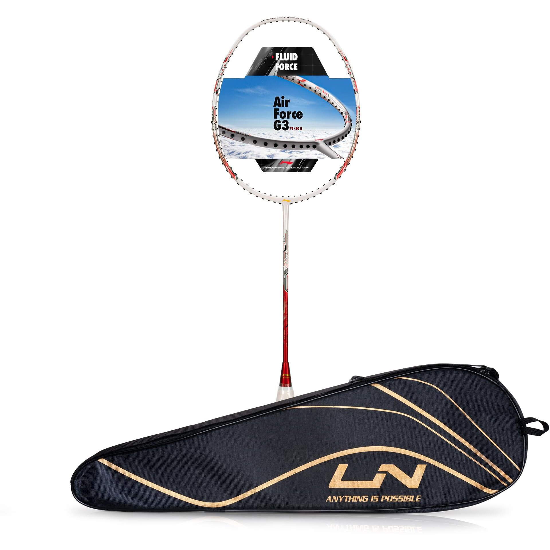 Li-ning Air-Force 80 G3 Carbon Fibre Unstrung Badminton Racket with Full Cover (80g, White/Red/Black)