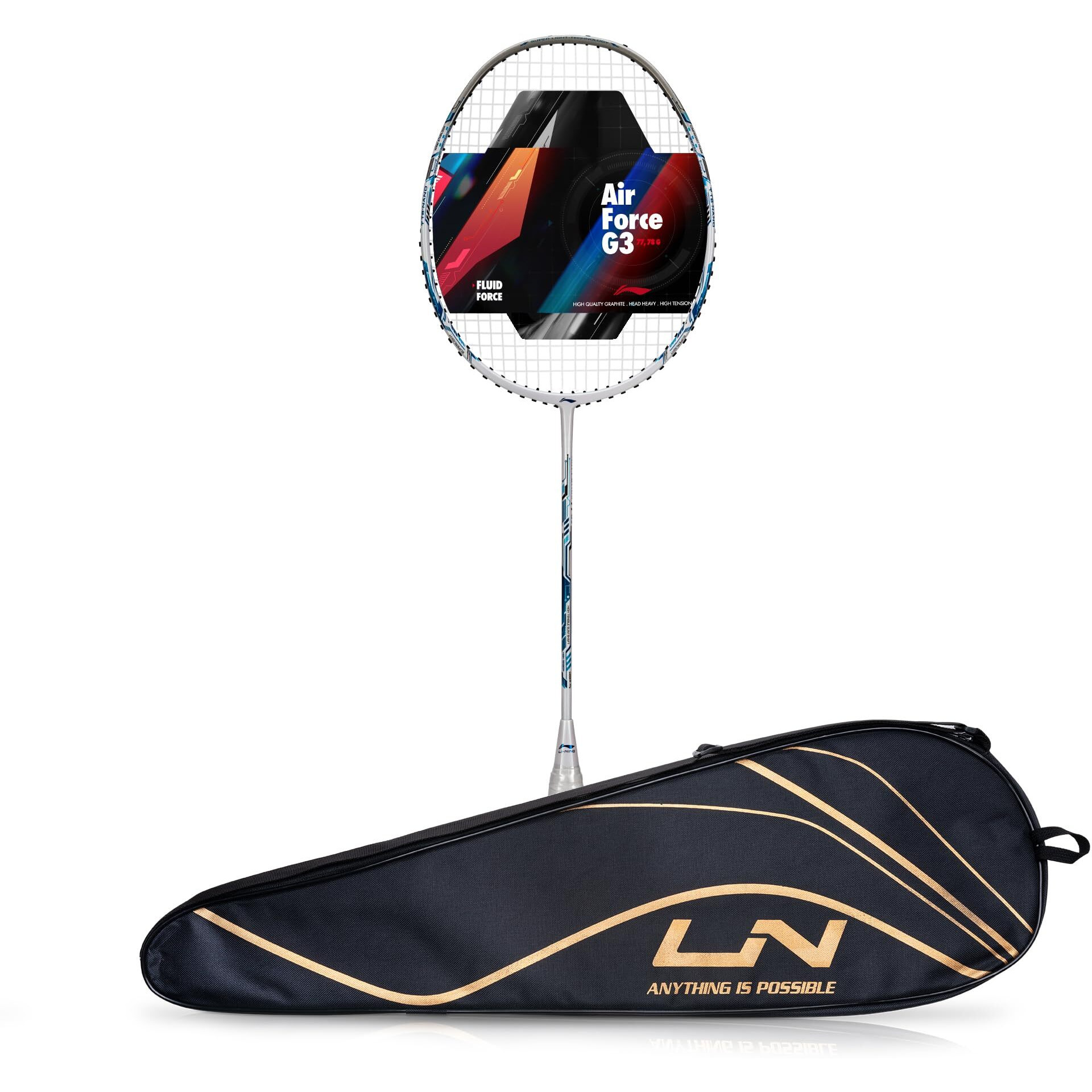 Li-ning Air-Force 77 G3 Carbon Fibre Strung Badminton Racket with Full Cover (77g, White/Silver/Blue)