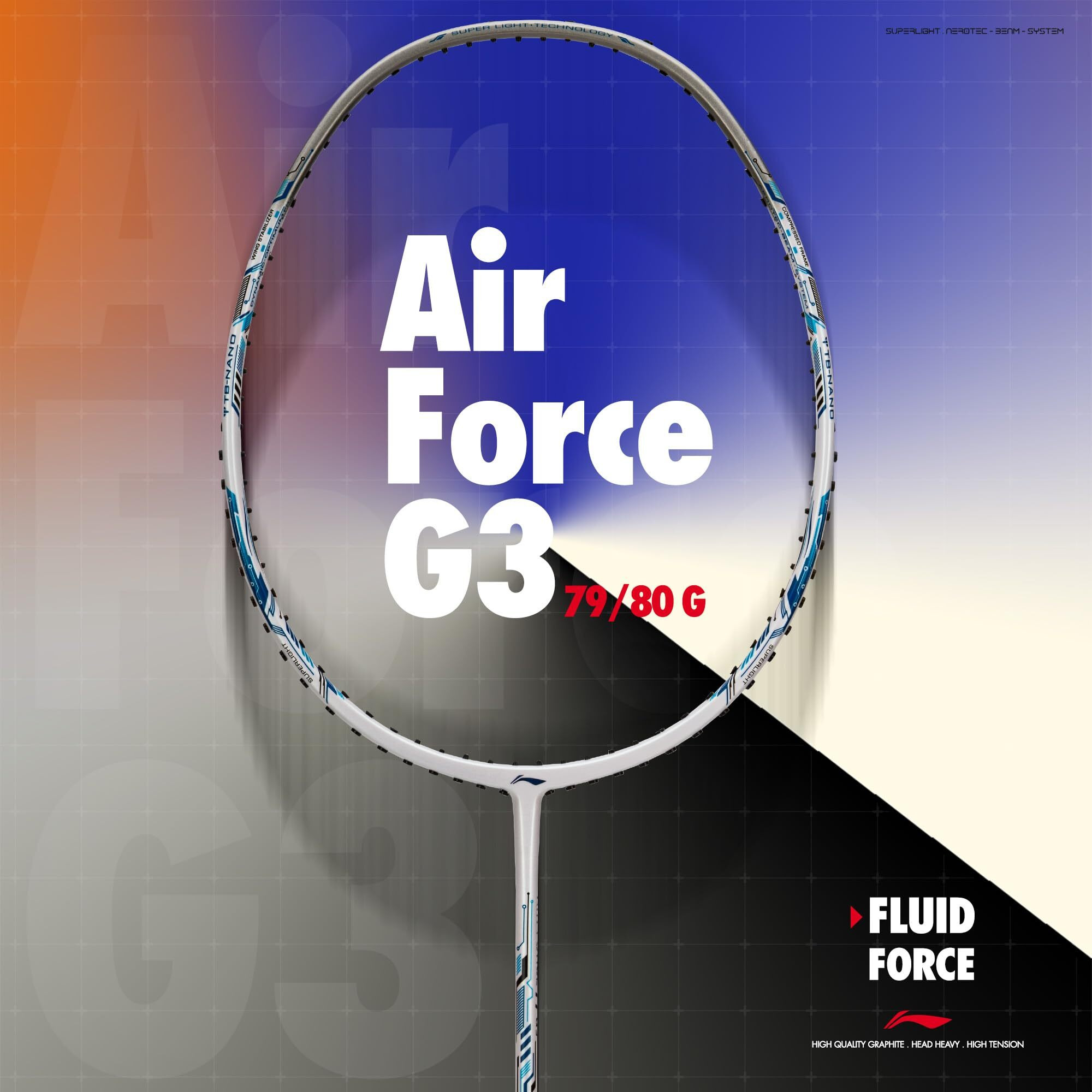 Li-ning Air-Force 77 G3 Carbon Fibre Strung Badminton Racket with Full Cover (77g, White/Silver/Blue)
