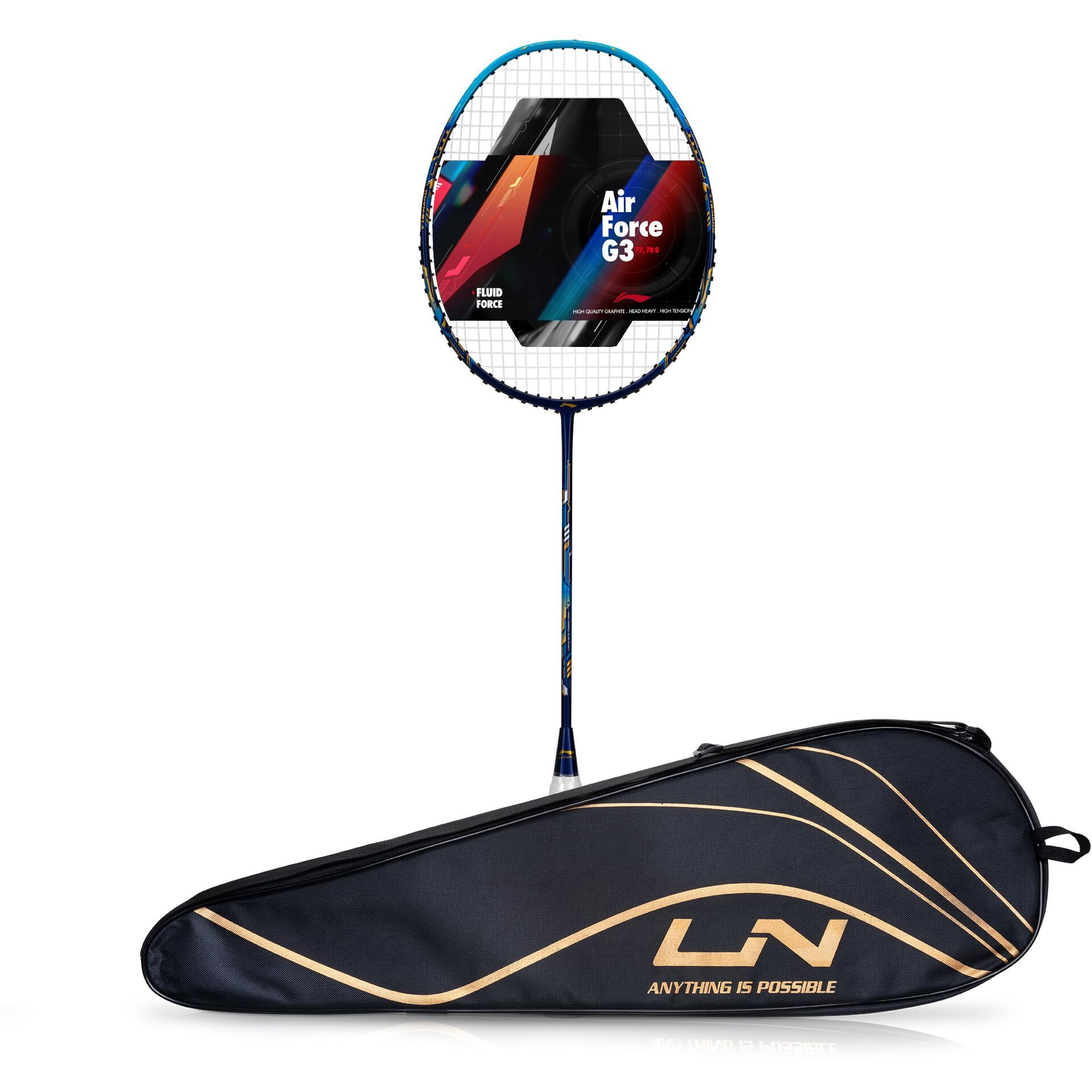 Li-ning Air-Force 77 G3 Carbon Fibre Strung Badminton Racket with Full Cover (77g, Navy/Blue/Gold)