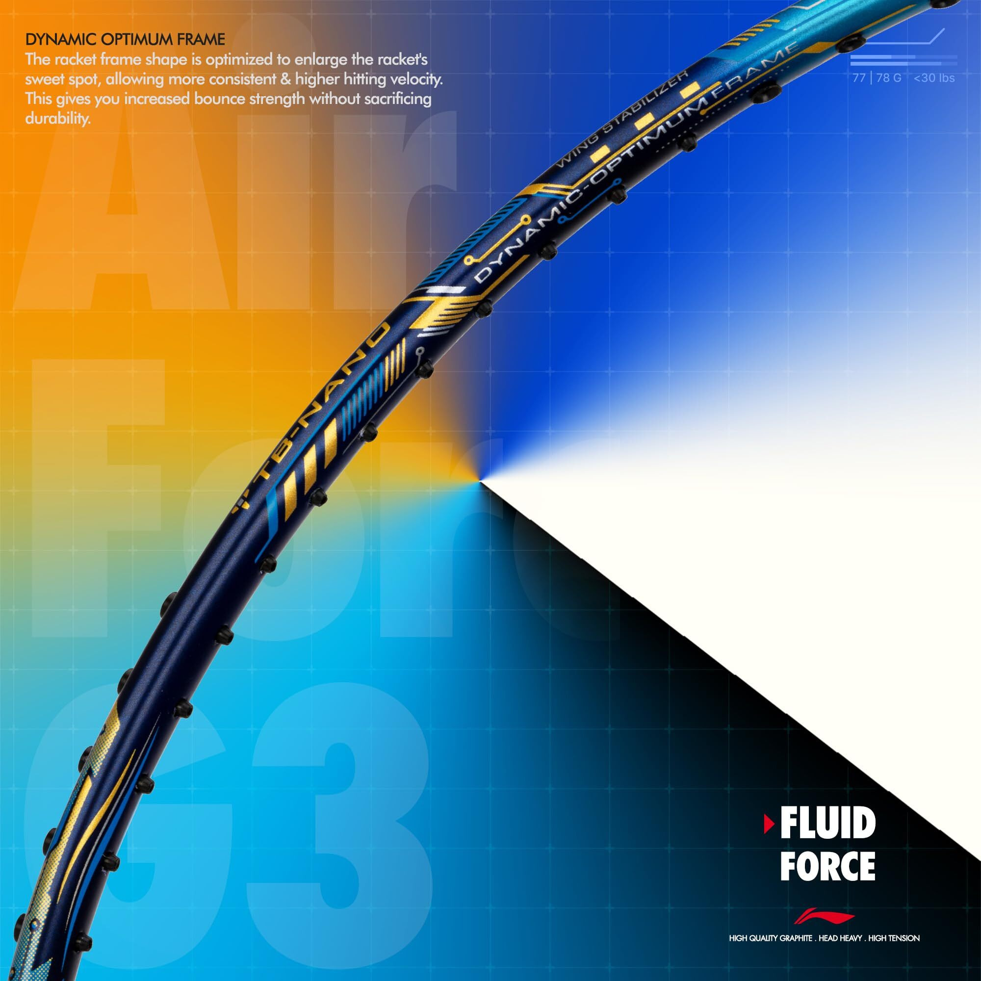Li-ning Air-Force 77 G3 Carbon Fibre Strung Badminton Racket with Full Cover (77g, Navy/Blue/Gold)
