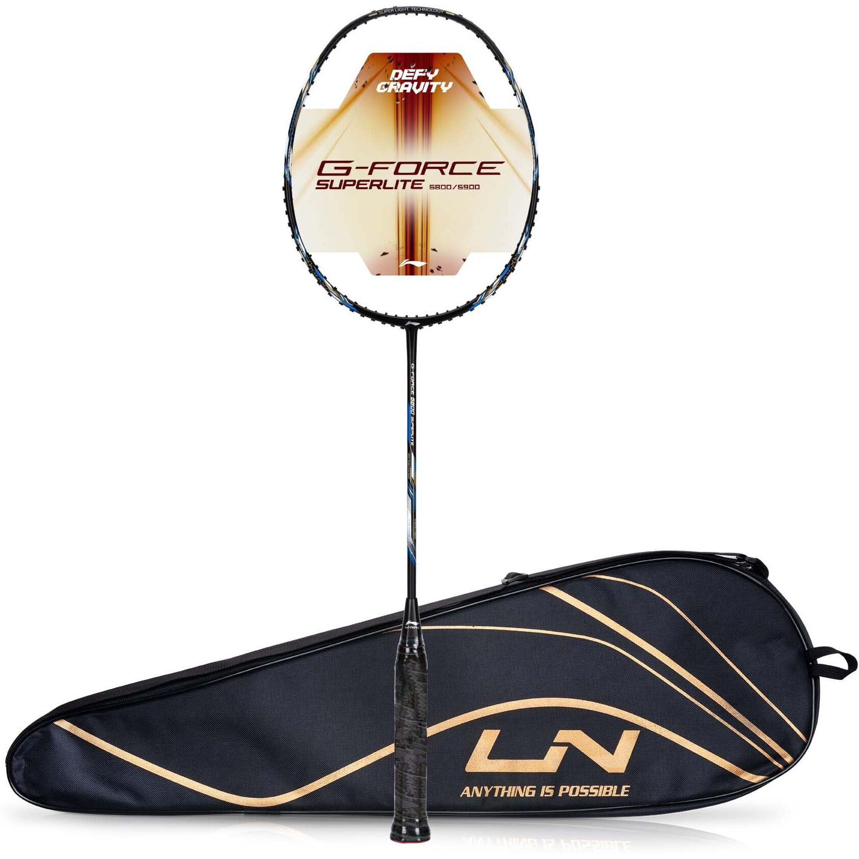 Li-Ning G-Force 5800 Superlite Carbon Fibre Unstrung Badminton Racquet with Free Head Cover| 78 grams (Black/Blue)