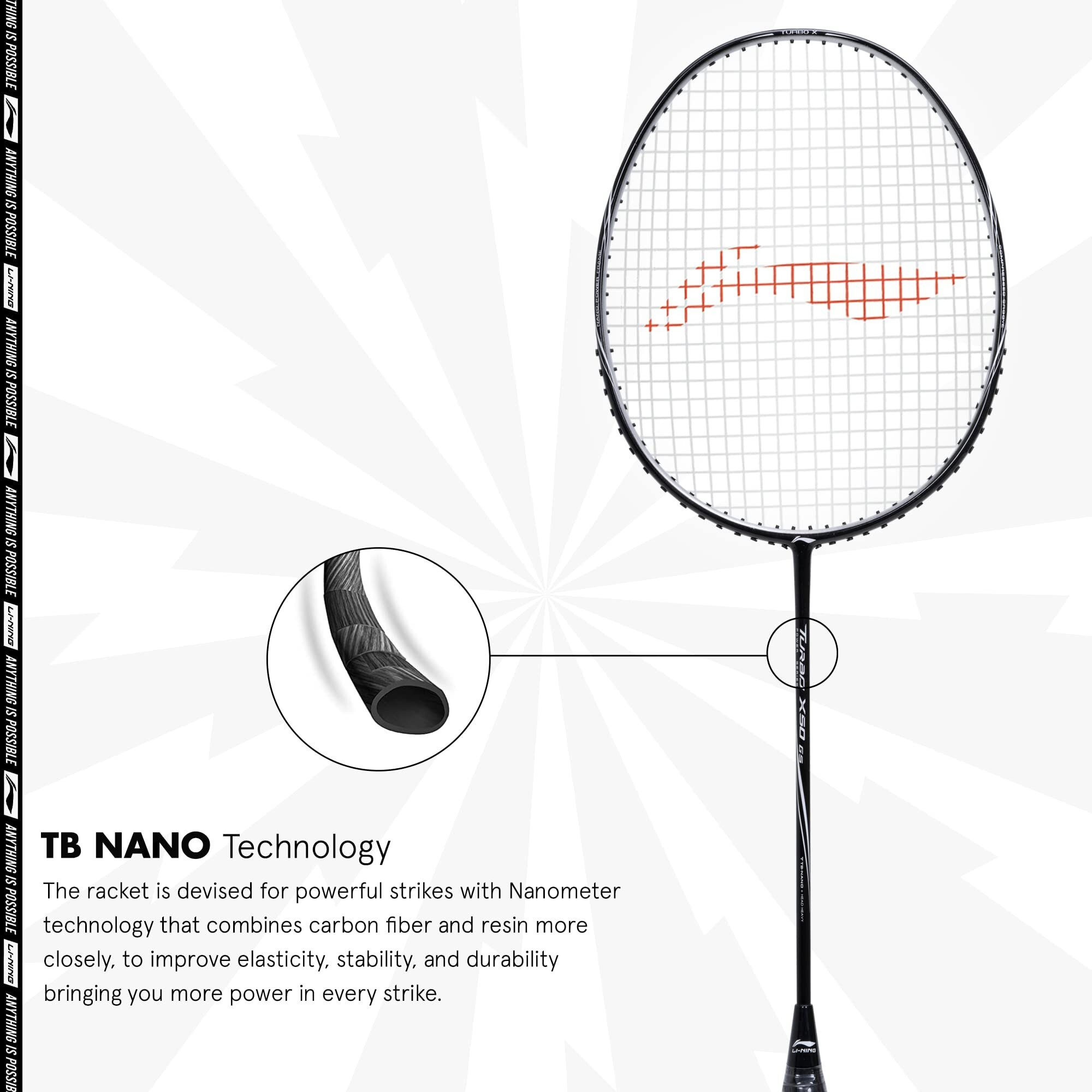 Li-Ning Turbo X 50 G5 Strung Badminton Racket (Black/White, 87 Grams), Carbon Fibre