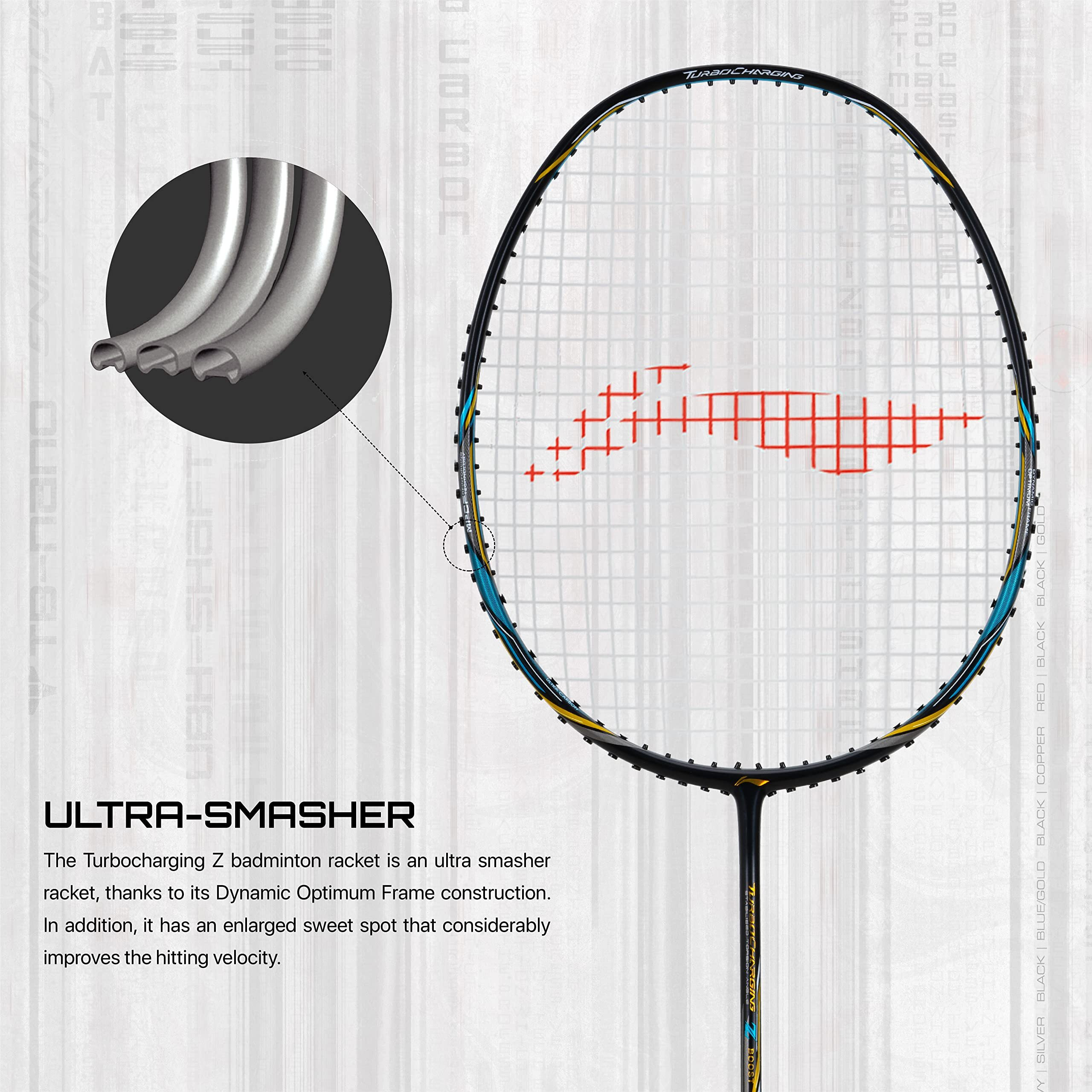 Li-Ning Turbo Charging Z Boost Carbon Fibre Strung (Black/Blue/Gold) Racket With Free Full Cover - Badminton