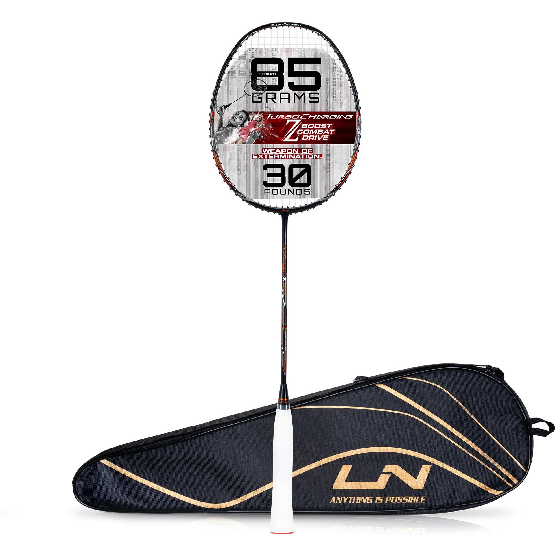 Li-Ning Turbo Charging Z Combat Carbon Fibre Strung Badminton Racket with Full Racket Cover (Black/Copper) | For Professional Players | 85 grams | Maximum String Tension - 30lbs