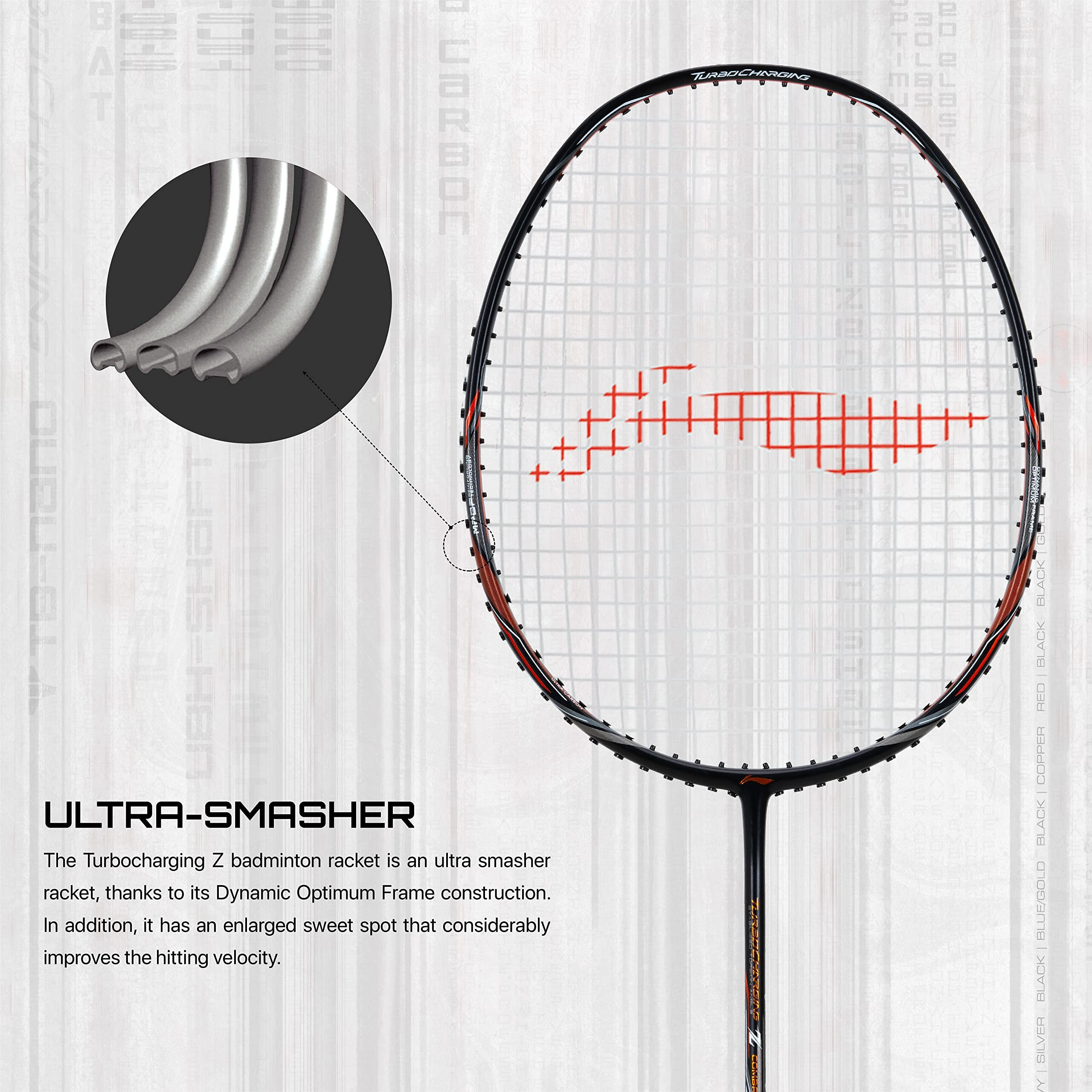 Li-Ning Turbo Charging Z Combat Carbon Fibre Strung Badminton Racket with Full Racket Cover (Black/Copper) | For Professional Players | 85 grams | Maximum String Tension - 30lbs