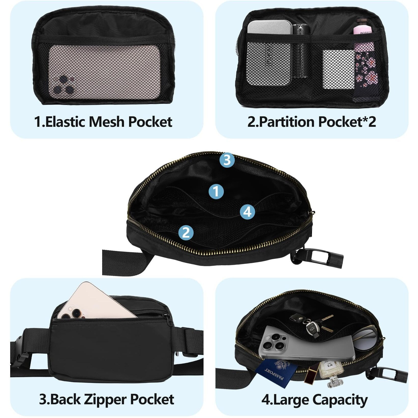 NEOUTH Waist Belt Bag Fashion Fanny Women Waist Pack with Adjustable Strap for Travel Running Hiking Walking Christmas Gift Black