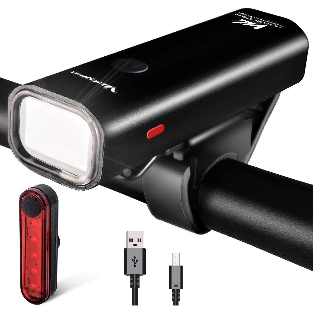 VICTGOAL USB Rechargeable Bicycle Light Set 400 Lumen Super Bright Headlight Front Lights and Back Rear LED 4 Light Mode Road Cycling Safety Flashlight Runtime 4+ Hours (Black)
