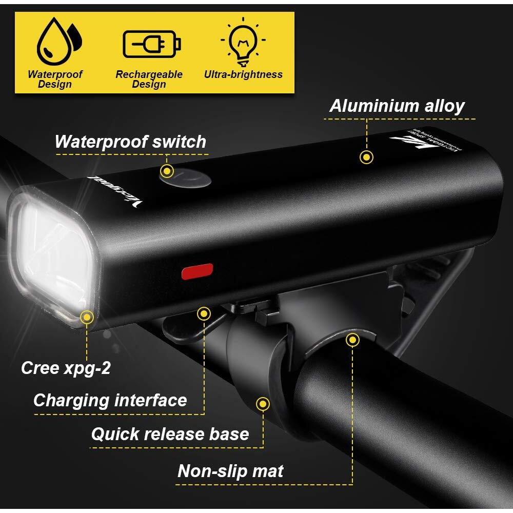 VICTGOAL USB Rechargeable Bicycle Light Set 400 Lumen Super Bright Headlight Front Lights and Back Rear LED 4 Light Mode Road Cycling Safety Flashlight Runtime 4+ Hours (Black)