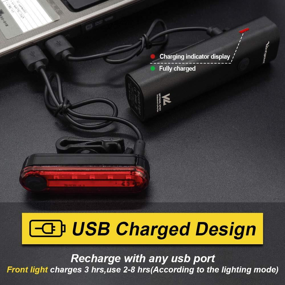 VICTGOAL USB Rechargeable Bicycle Light Set 400 Lumen Super Bright Headlight Front Lights and Back Rear LED 4 Light Mode Road Cycling Safety Flashlight Runtime 4+ Hours (Black)