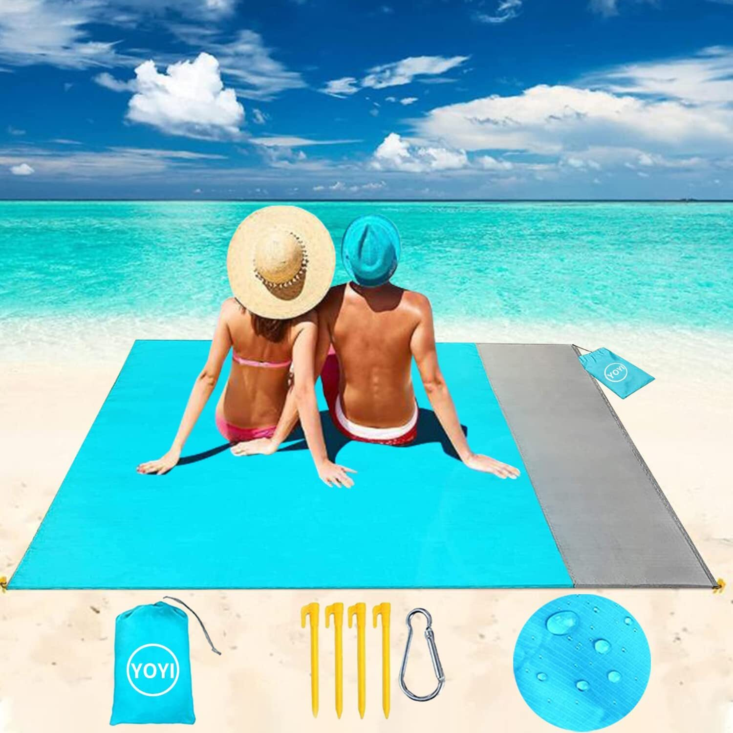 YOYI YOYI Yoyi Sand Free Beach Blanket 210T Polyester,Beach Mat Waterproof Sandproof For 2-7 Adults,Oversized 55 X69  Lightweight Pocket Blanket For Travel,Camping,Hiking,Music Festivals (Blue 69X82)