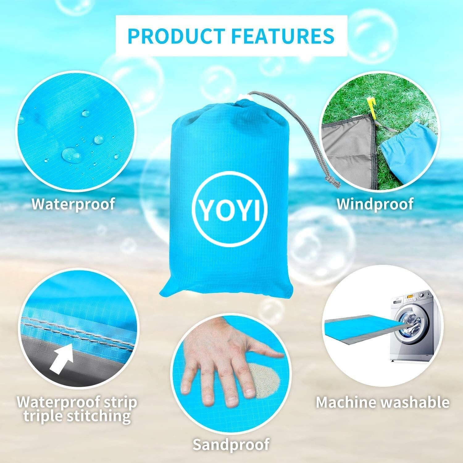 YOYI YOYI Yoyi Sand Free Beach Blanket 210T Polyester,Beach Mat Waterproof Sandproof For 2-7 Adults,Oversized 55 X69  Lightweight Pocket Blanket For Travel,Camping,Hiking,Music Festivals (Blue 69X82)