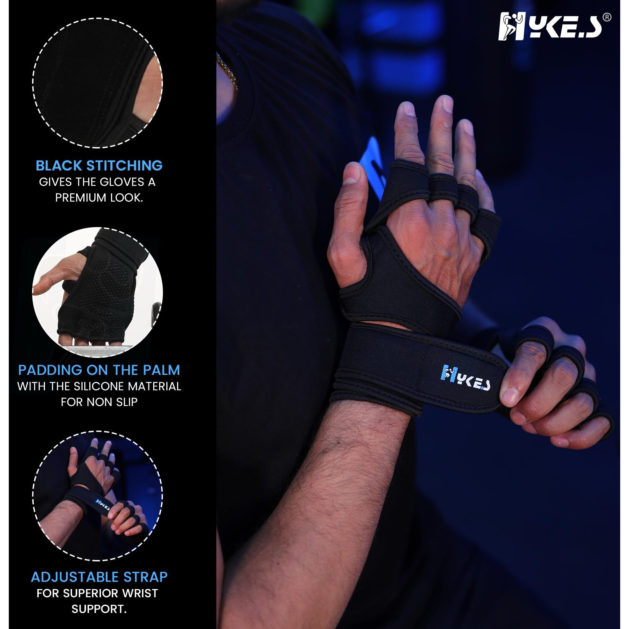 Hykes Gloves - Weight Lifting Hand Grips with Wrist Wrap Support Guard - Pull Up Bar, Gym Workout, Hand Grips, Powerlifting - Men and Women (Extra Large, Neoprene, Black)