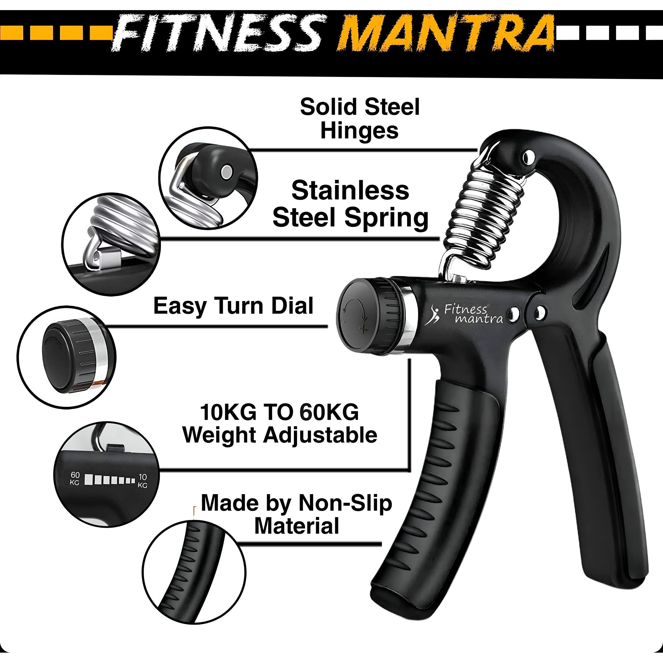 Fitness Mantra Weight Adjustable Hight Quality Hand Gripper for Men & Women |Hand Grip|Finger Exerciser|Power Gripper|Hand Exerciser Equipment|Hand Strengtheners (Black, 10KG-60KG)