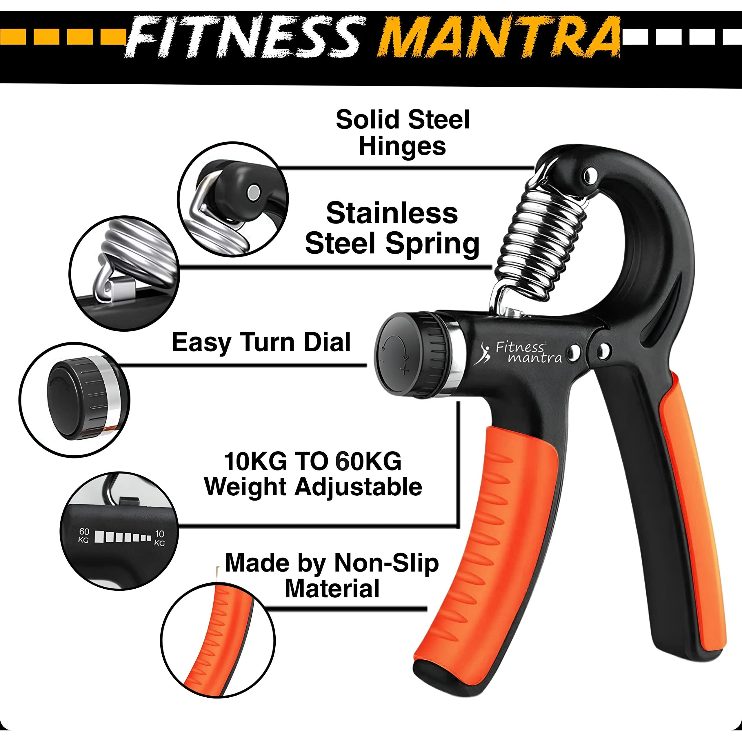 Fitness Mantra Weight Adjustable Hight Quality Hand Gripper for Men & Women |Hand Grip|Finger Exerciser|Power Gripper|Hand Exerciser Equipment|Hand Strengtheners (Bhagwa, 10KG-60KG)
