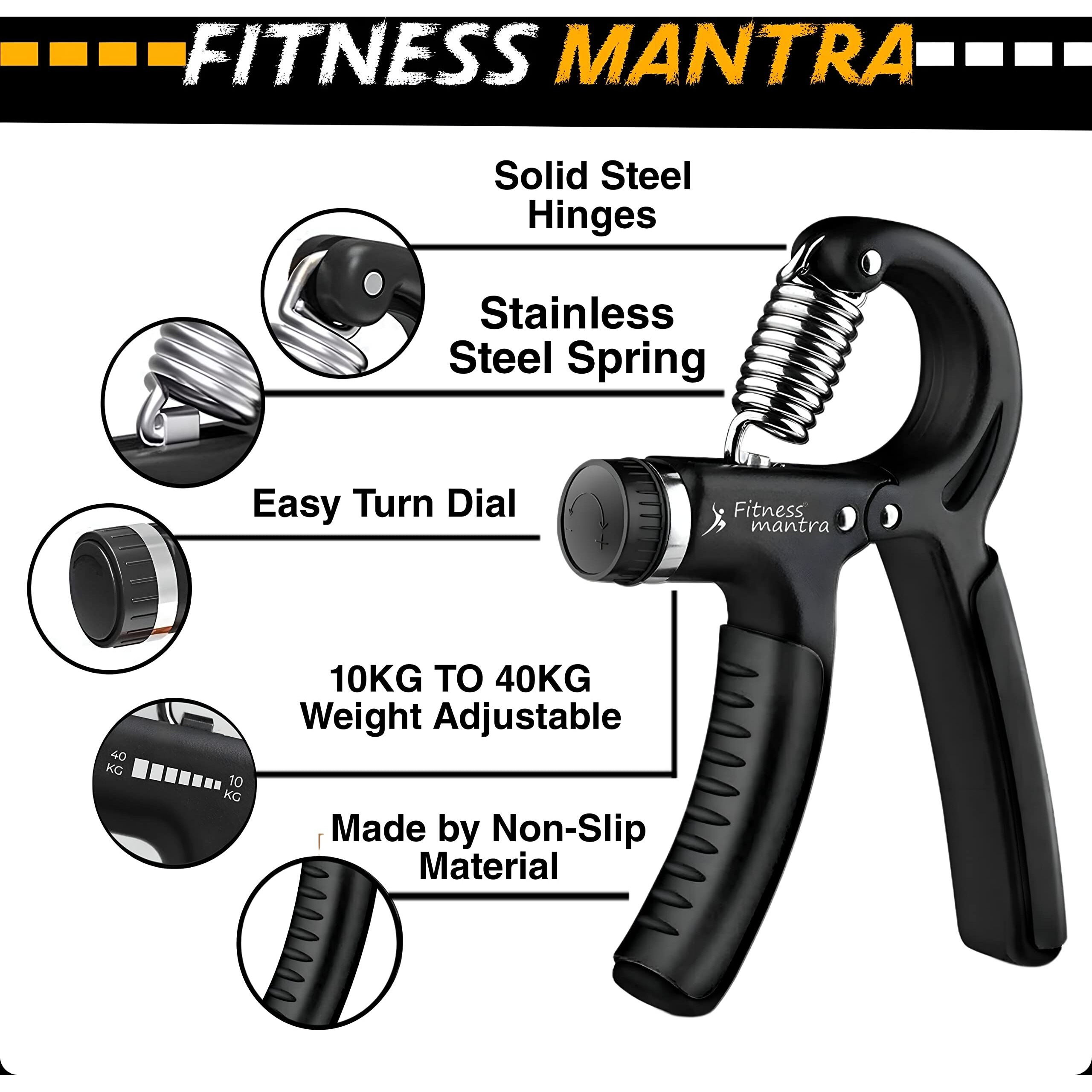 Fitness Mantra Weight Adjustable Hight Quality Hand Gripper for Men & Women |Hand Grip|Finger Exerciser|Power Gripper|Hand Exerciser Equipment|Hand Strengtheners (Black, 10KG-40KG)