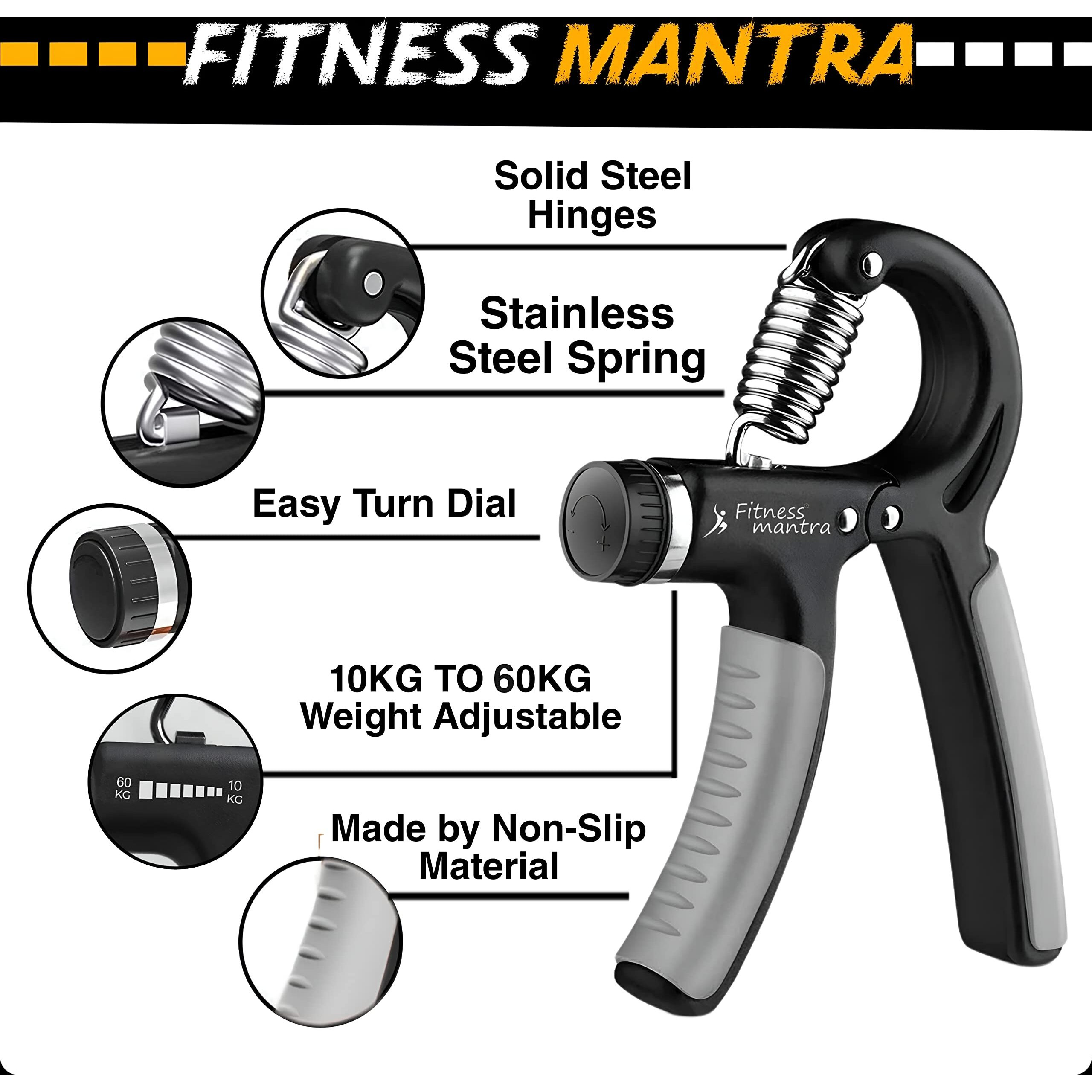 Fitness Mantra Weight Adjustable Hight Quality Hand Gripper for Men & Women |Hand Grip|Finger Exerciser|Power Gripper|Hand Exerciser Equipment|Hand Strengtheners (Grey, 10KG-60KG)