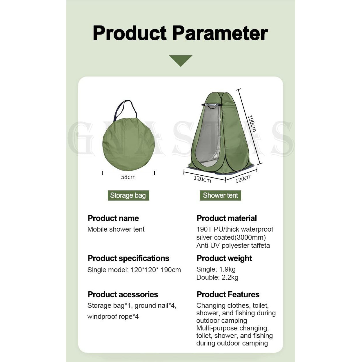 GNASTAS Portable Privacy Pop Up Polyester Dressing Changing Tent, Outdoor Tent, Foldable Outdoor Shower Tent, Camp Toilet Tent,Rain Shelter for Camping 1pc(Green)