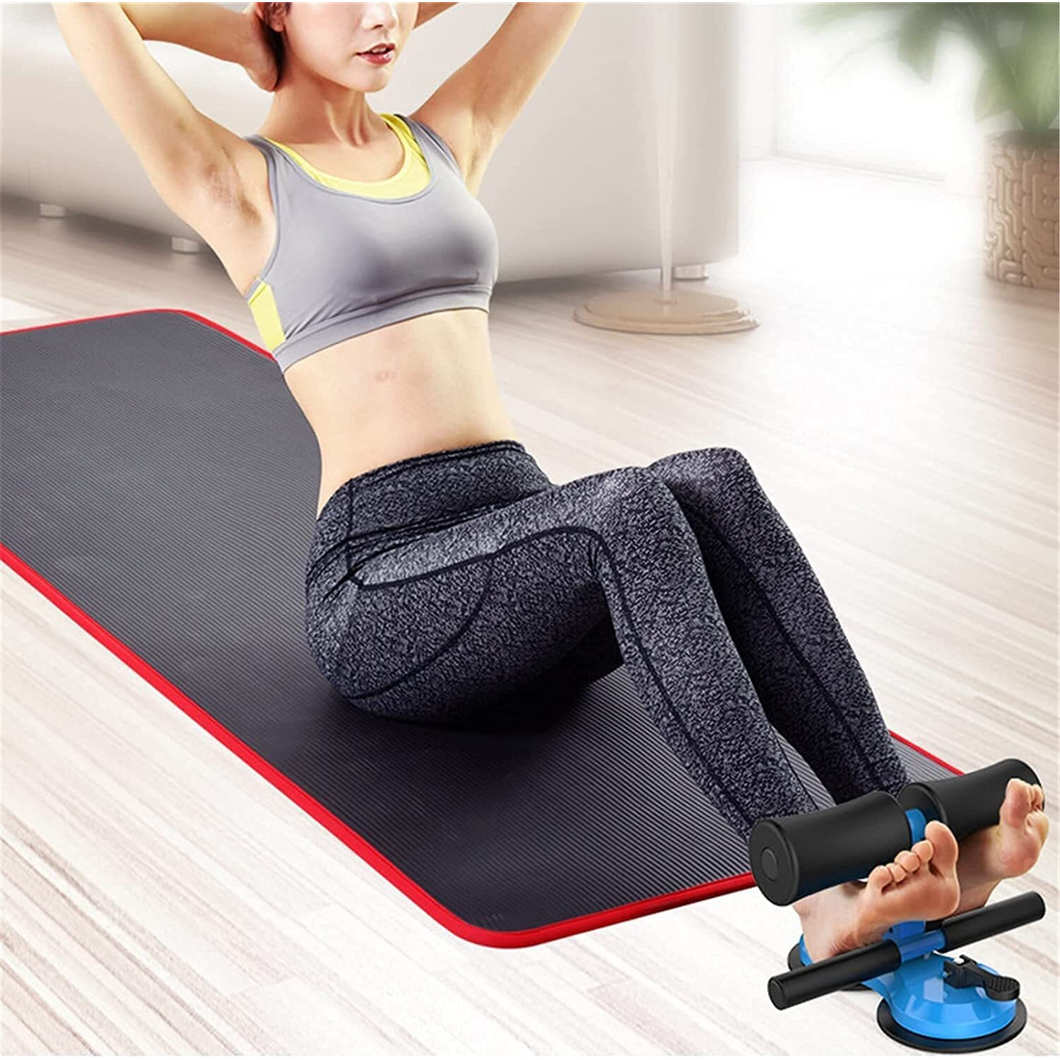 Jukusa Portable Floor Sit Up Bar, 3 Height Adjustable Super Strong Suction Sit Up Assistant Device with 2 Suction Cups (Black)