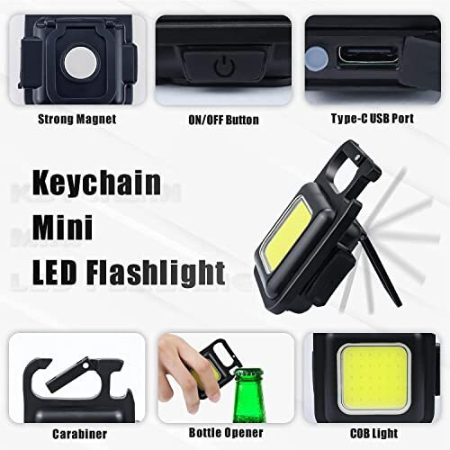 VELOMAX Keychain LED Light 4 Hours Battery Life with Bottle Opener, Magnetic Base and Folding Bracket Mini COB 800 Lumens Rechargeable Emergency Light, Square with 4 Modes