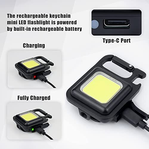 VELOMAX Keychain LED Light 4 Hours Battery Life with Bottle Opener, Magnetic Base and Folding Bracket Mini COB 800 Lumens Rechargeable Emergency Light, Square with 4 Modes