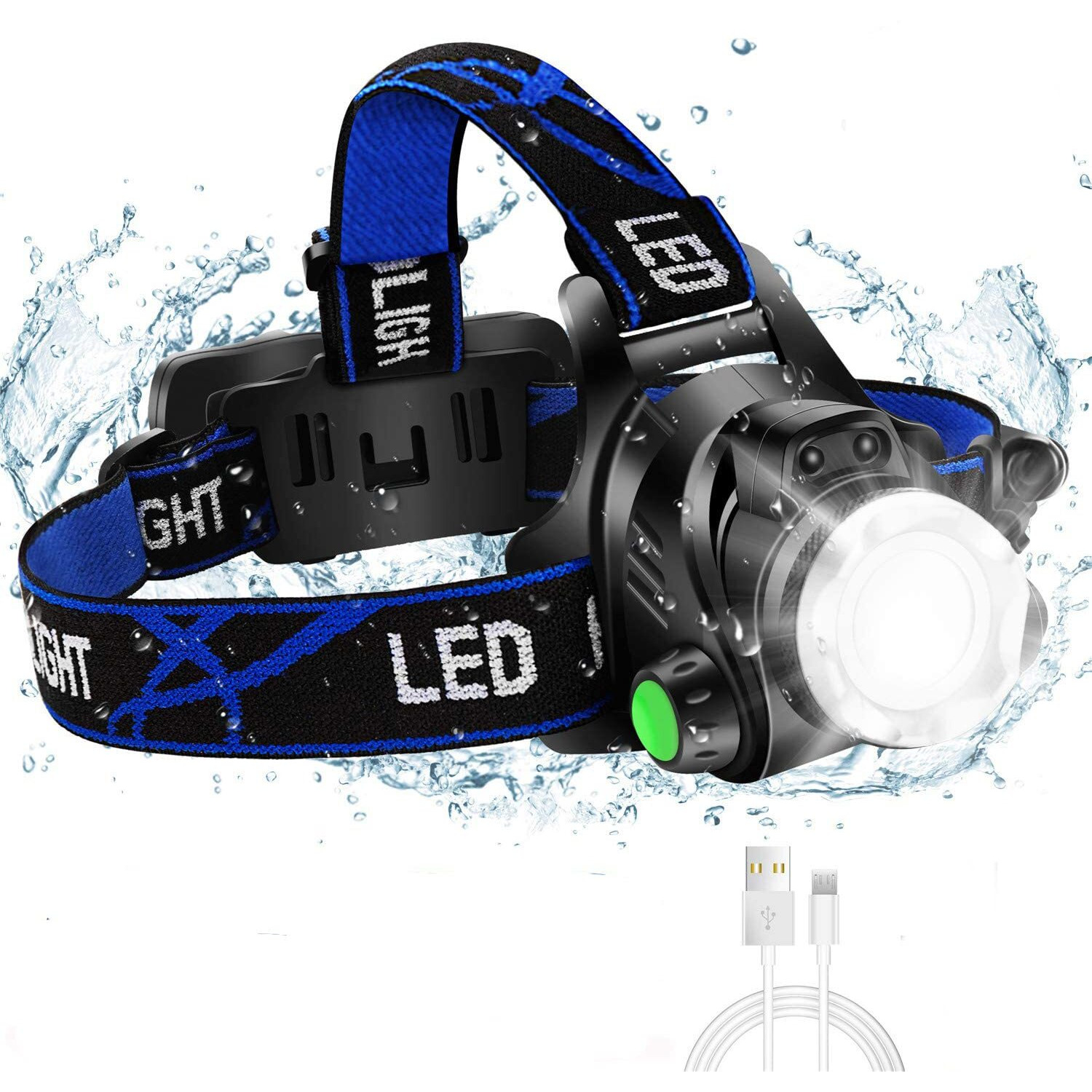 Super Bright Headlamp, USB Rechargeable Led Head Lamp, IPX4 Zoomable Waterproof Headlight with 4 Modes and Adjustable Headband, Hard Hat Light Perfect for Camping, Hiking, Outdoors, Hunting, Running