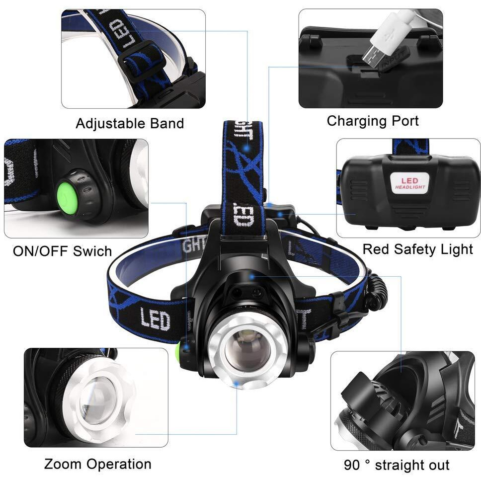 Super Bright Headlamp, USB Rechargeable Led Head Lamp, IPX4 Zoomable Waterproof Headlight with 4 Modes and Adjustable Headband, Hard Hat Light Perfect for Camping, Hiking, Outdoors, Hunting, Running
