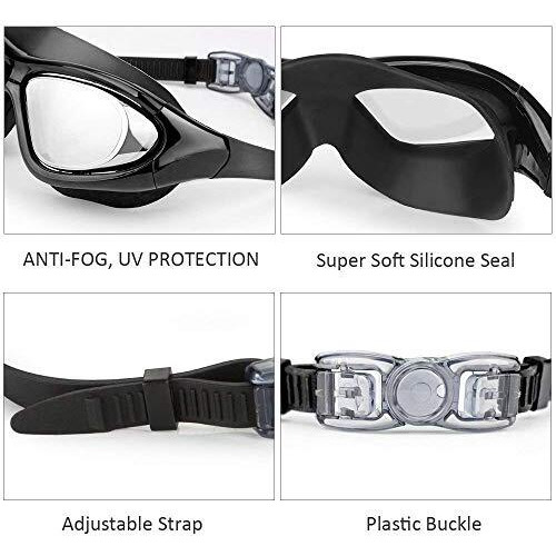 PRIME DEALS Premium Big Frame Competition Swim Goggles with Free Protective Case Pro Clear Lens & Wide-Vision Swimming Goggles with UV and Anti Fog Protection for Adult Men Women - Black.