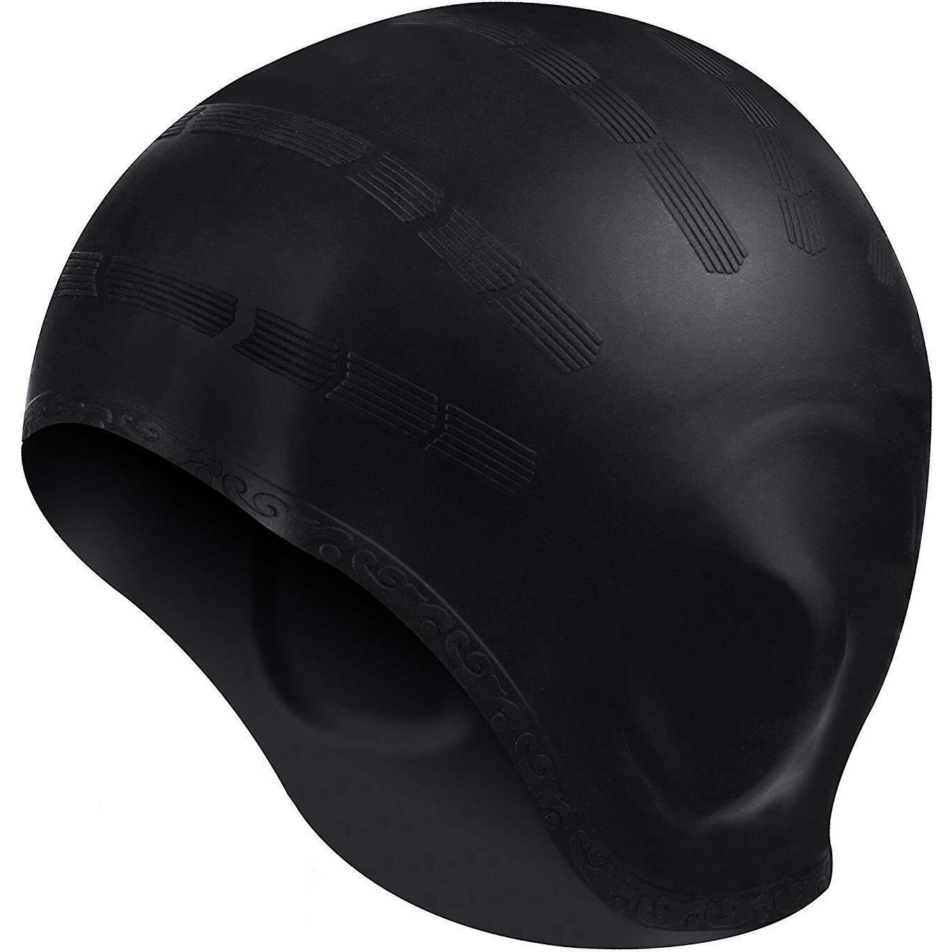 Latest Designed Long Hair Swim Cap,Waterproof Silicone Swimming Cap for Adult Woman and Men,Keeps Hair Clean with Ear Protector - Black.